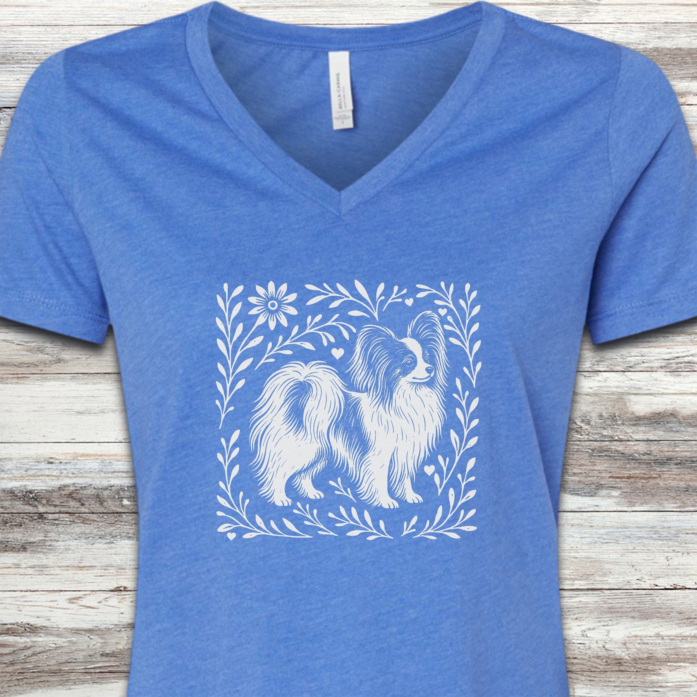 Papillon Linocut V-Neck Tee - Heather True Royal