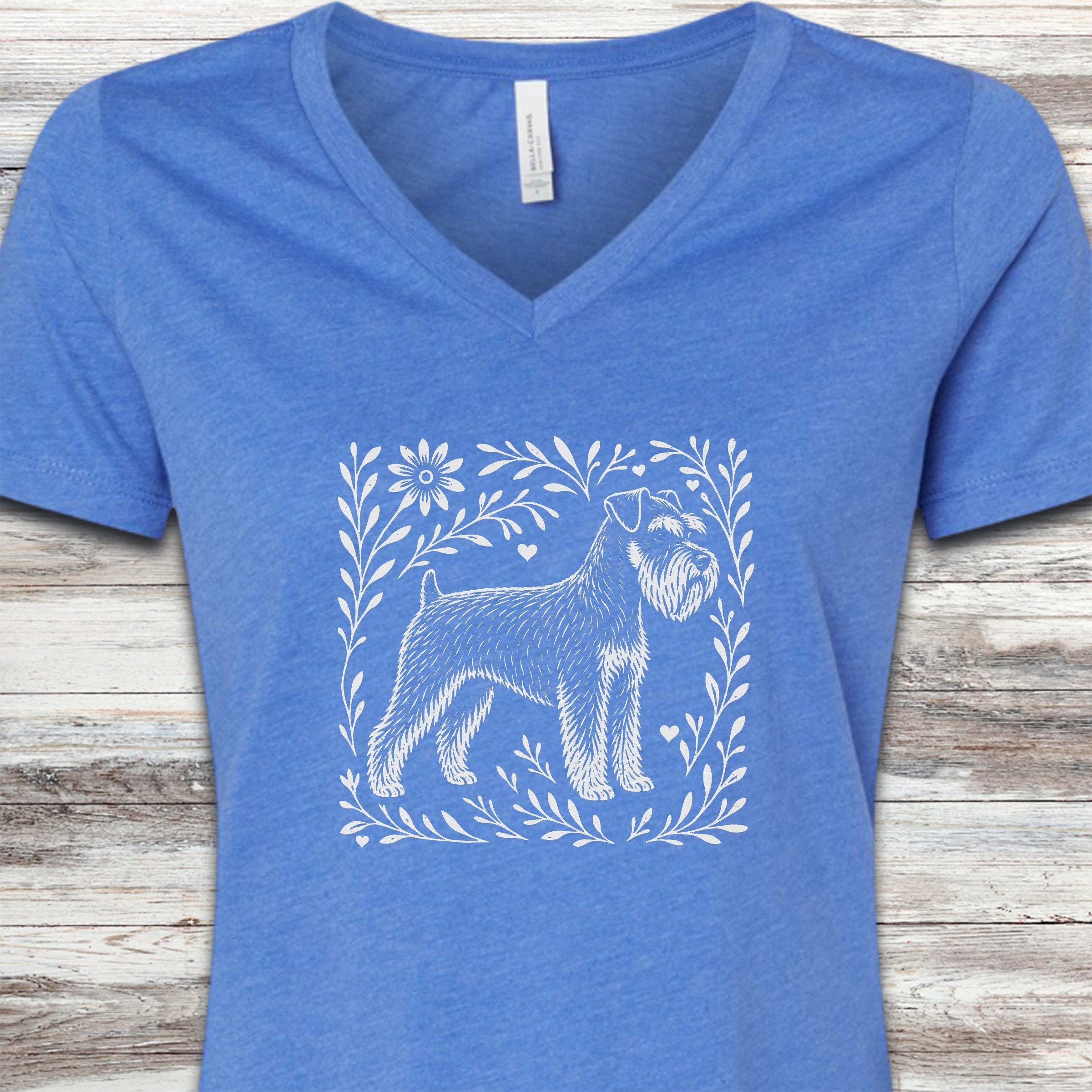 Schnauzer Linocut V-Neck Tee - Heather True Royal