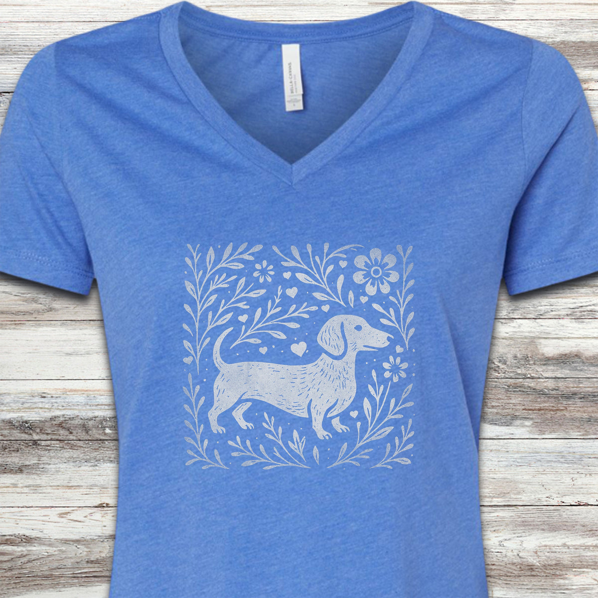Dachshund Linocut V-Neck Tee - Heather True Royal