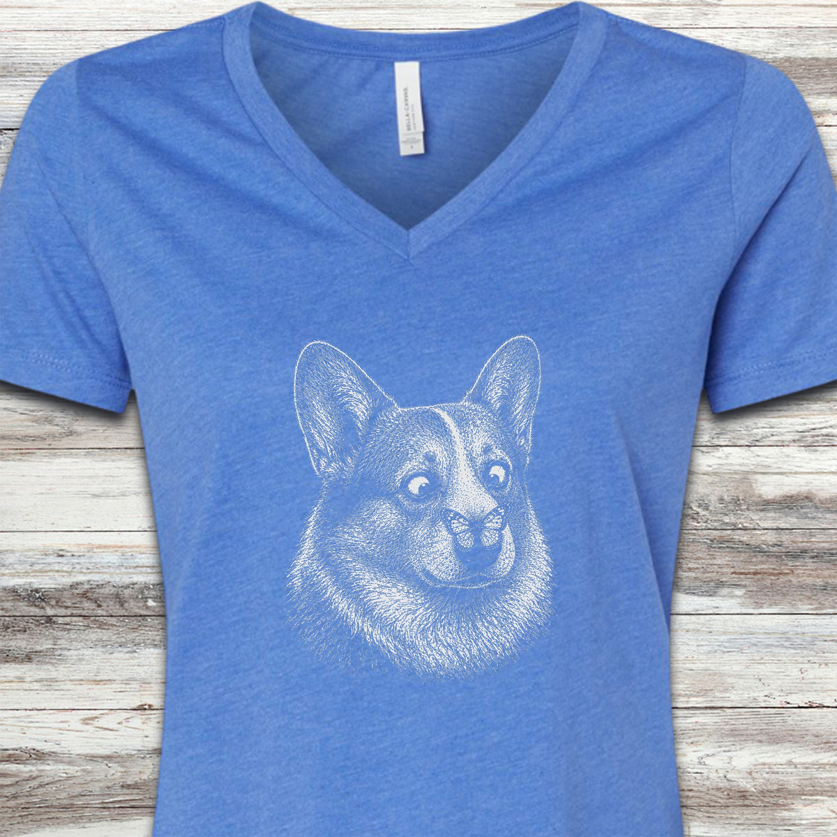 Corgi Butterfly V-Neck Tee - Heather True Royal