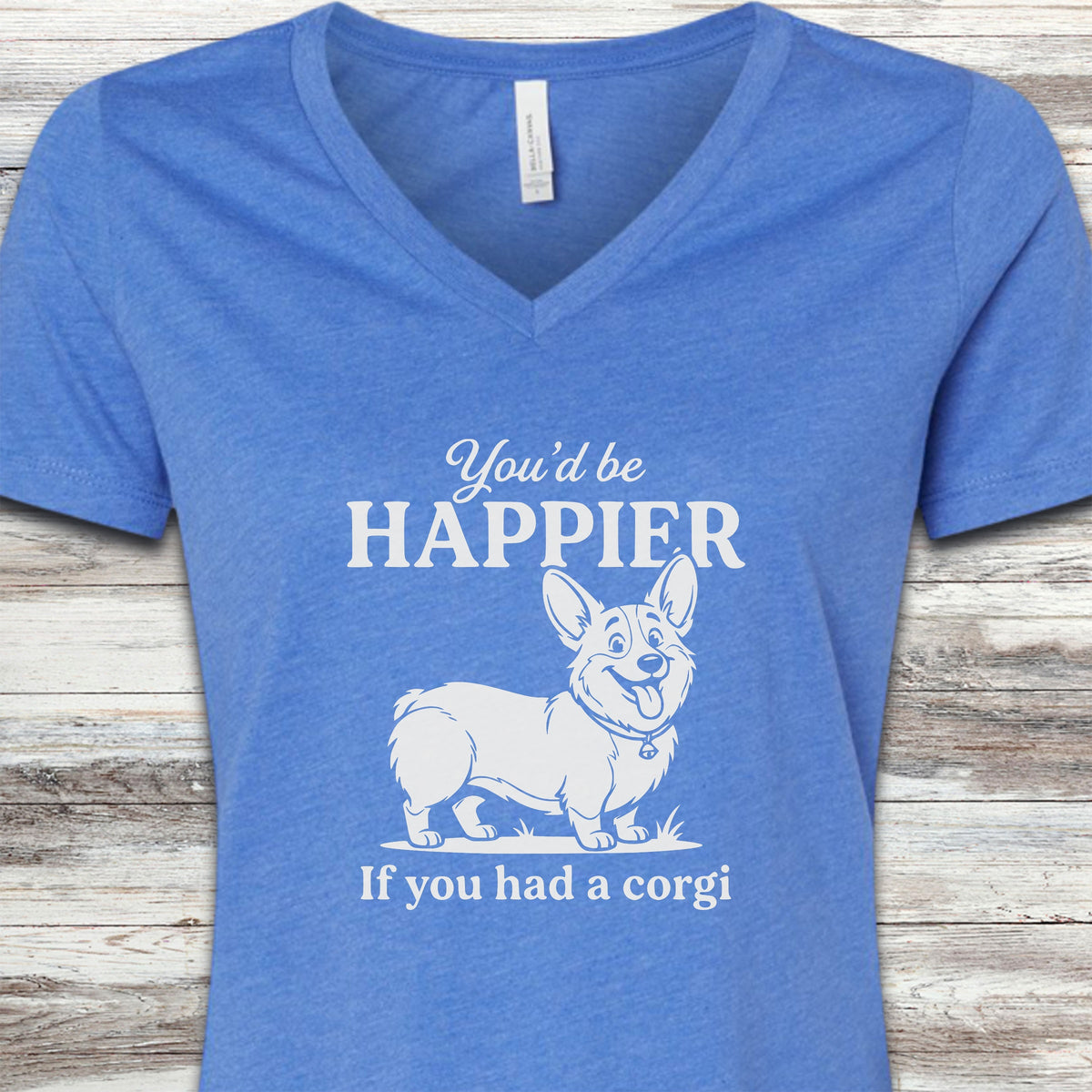 Corgi Happier V-Neck Tee - Heather True Royal