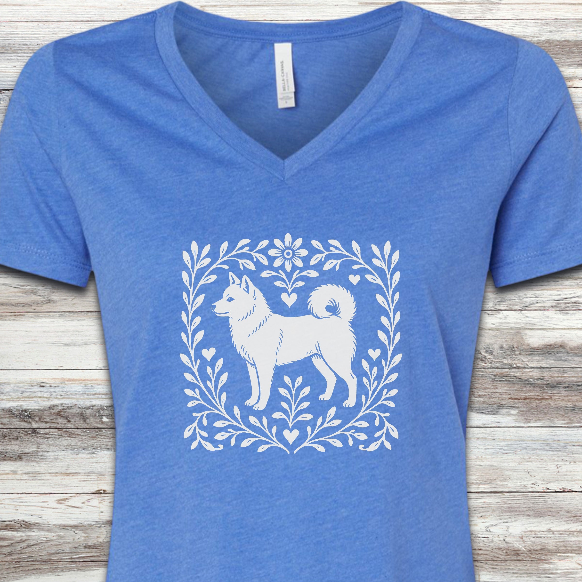Shiba Inu Linocut V-Neck Tee - Heather True Royal