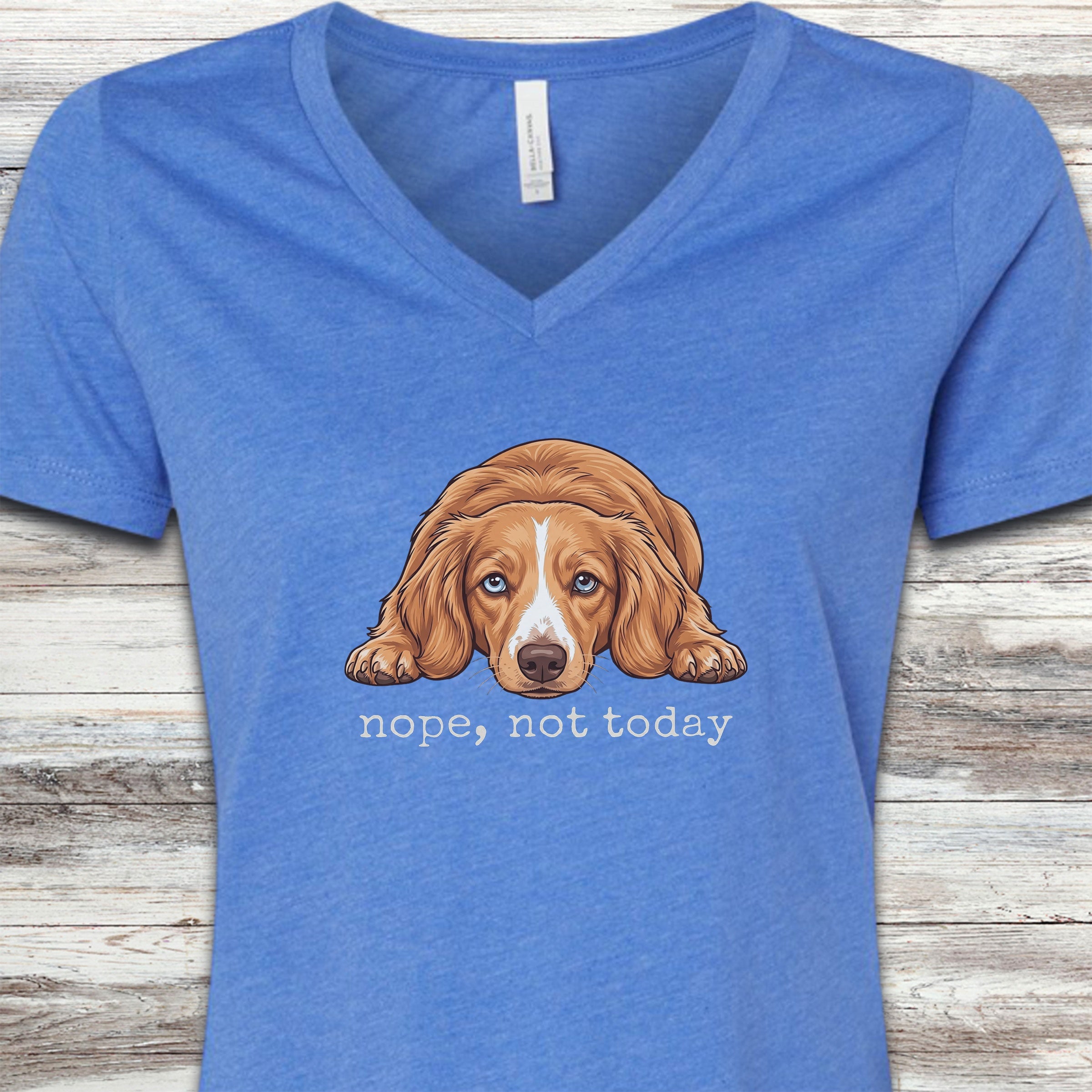 Dachshund Long Hair Red Piebald Nope V-Neck Tee - Heather True Royal