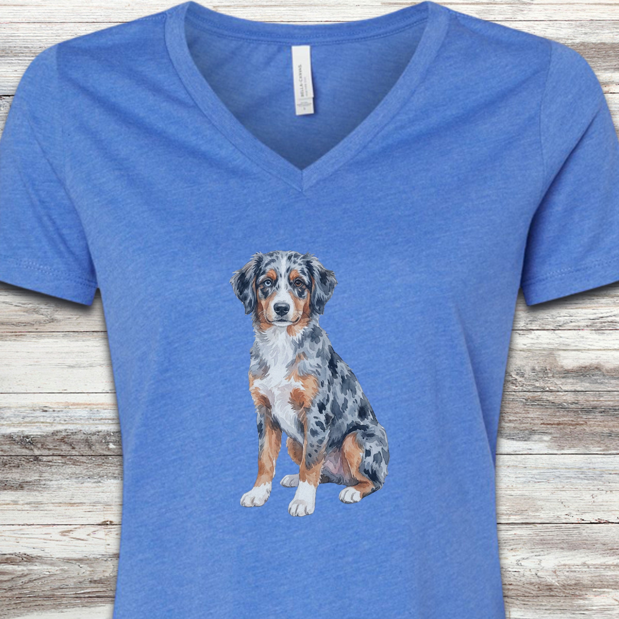 Australian Shepherd Puppy Watercolor V-Neck Tee - Heather True Royal