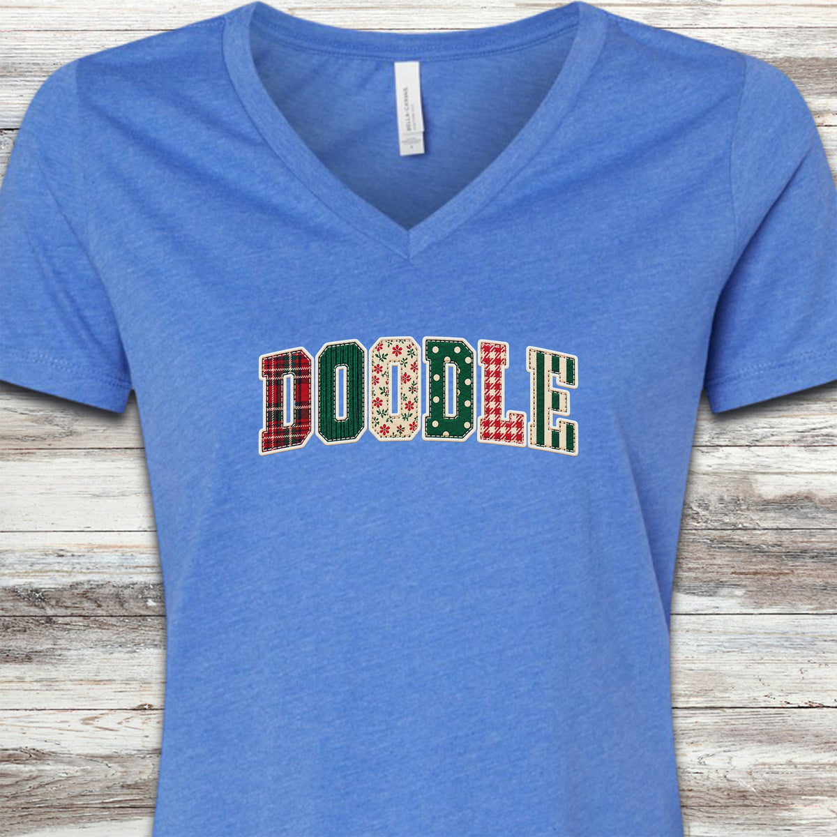 Doodle Holiday Faux Patchwork V-Neck Tee - Heather True Royal
