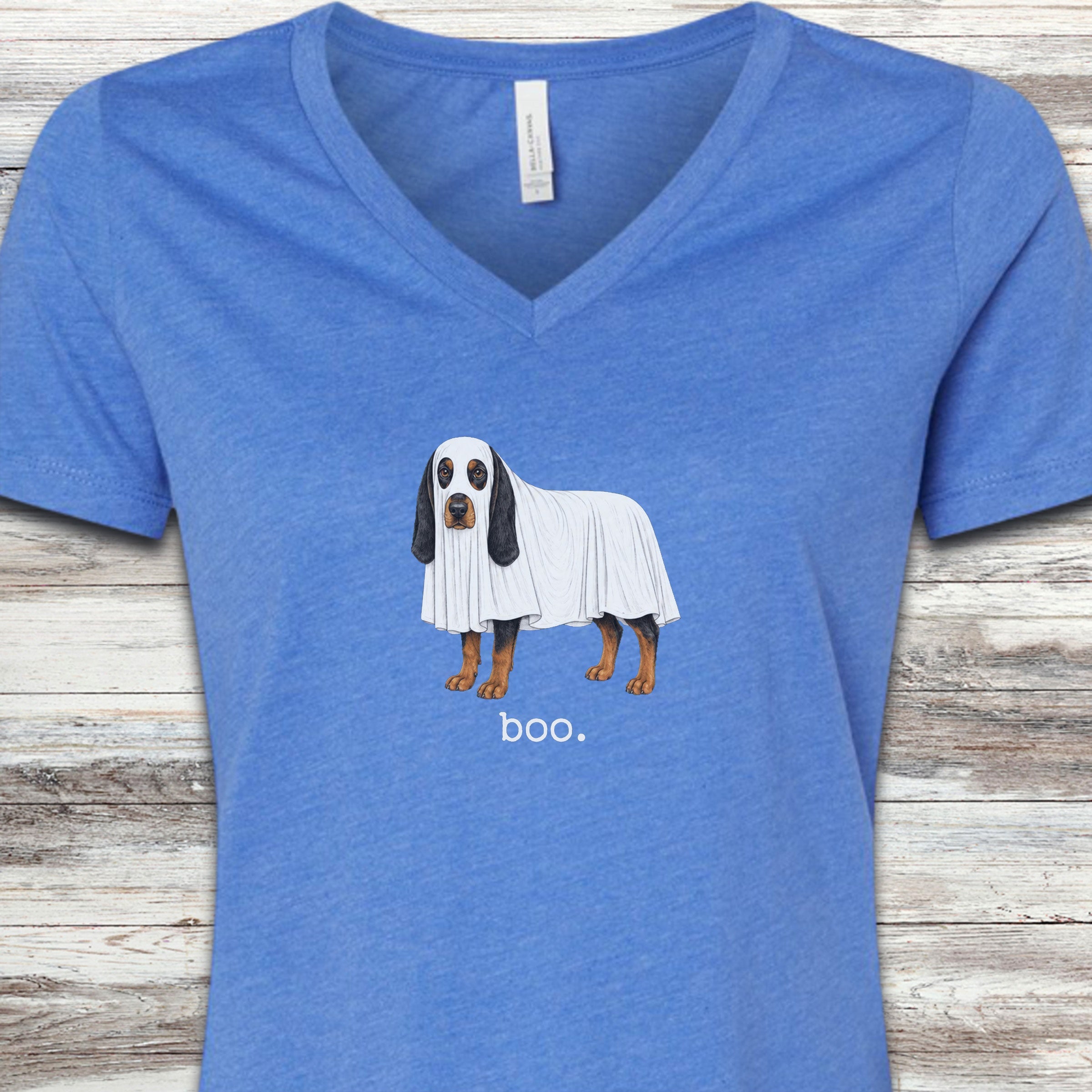 Black and Tan Coonhound Boo V-Neck Tee - Heather True Royal