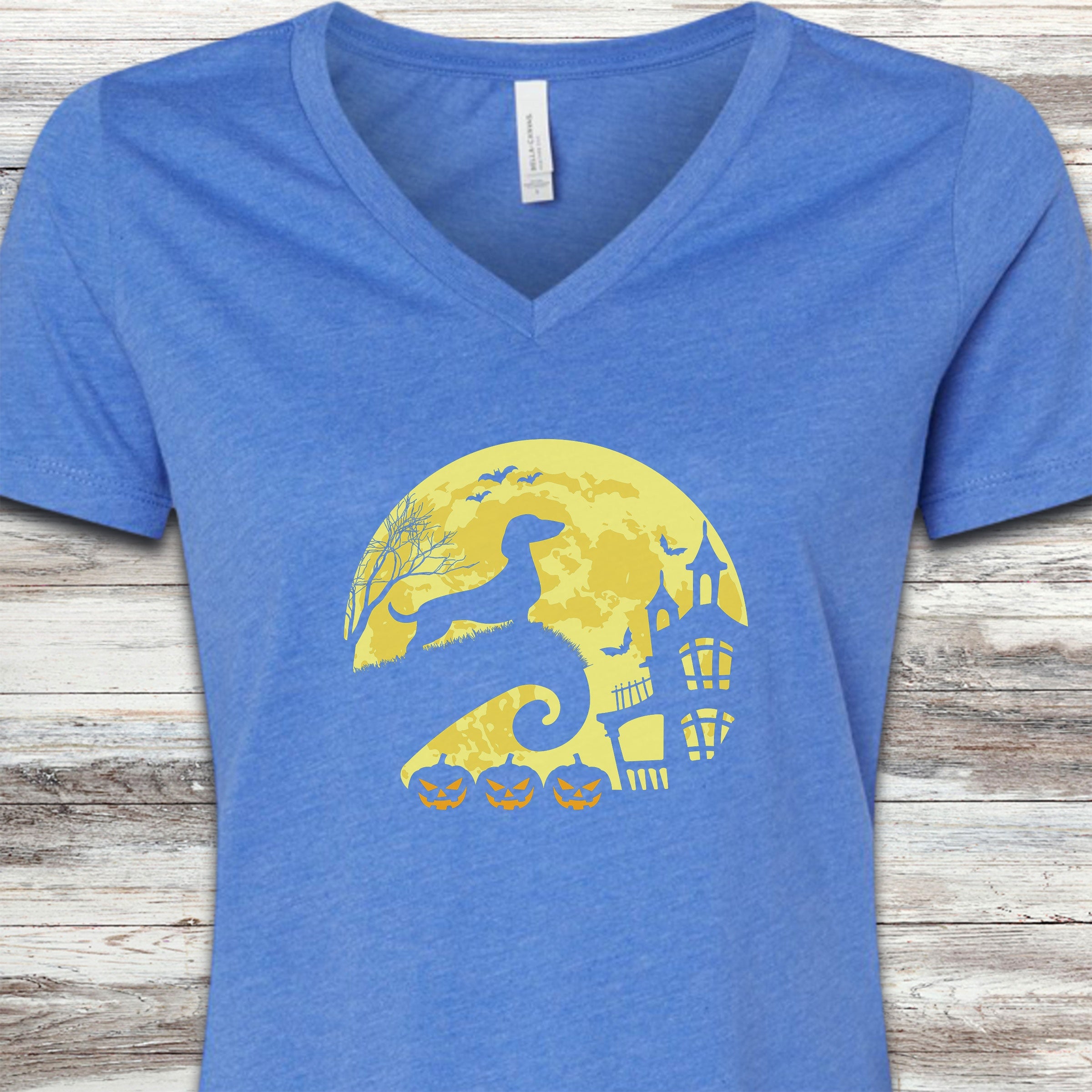 Dachshund Halloween Moon V-Neck Tee - Heather True Royal