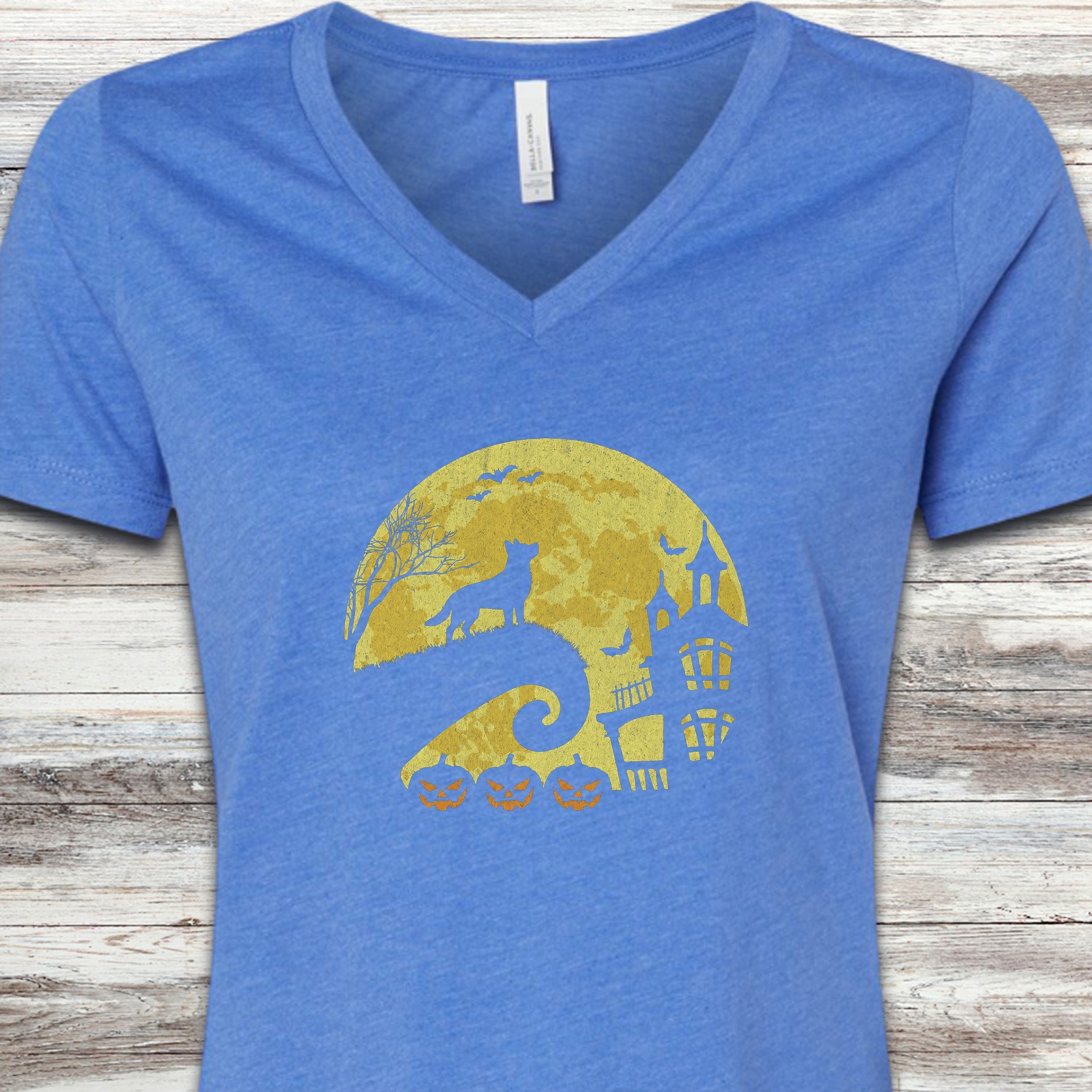 Australian Shepherd Halloween Moon V-Neck Tee - Heather True Royal