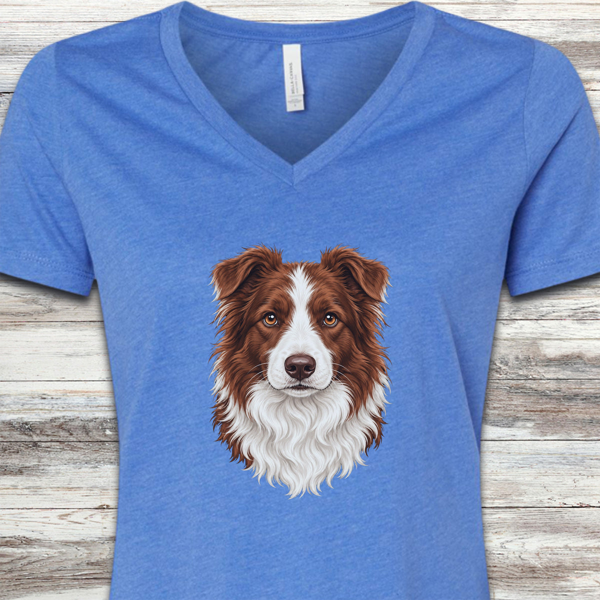 Border Collie Red Studio Portrait V-Neck Tee - Heather True Royal