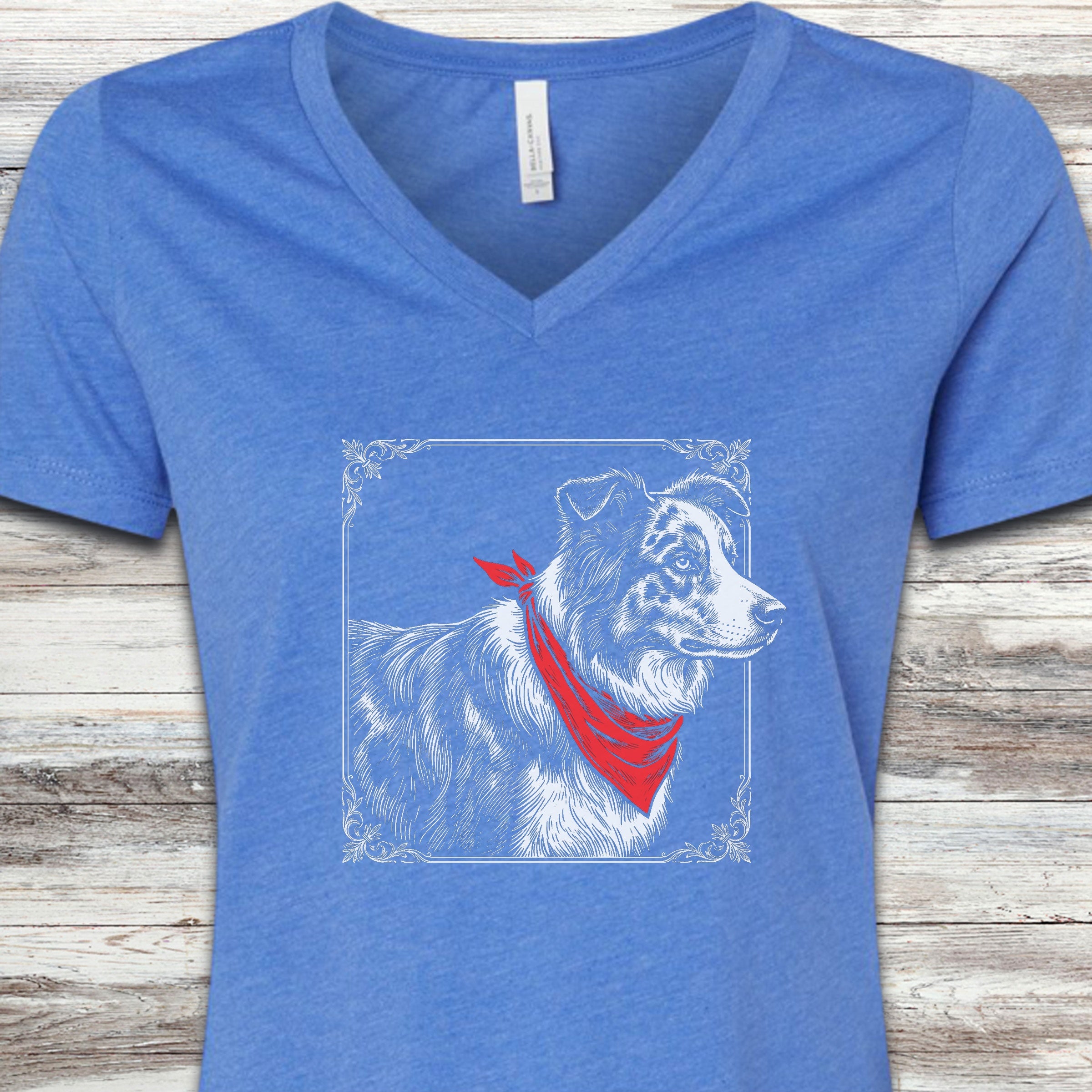 Australian Shepherd Etching V-Neck Tee - Heather True Royal