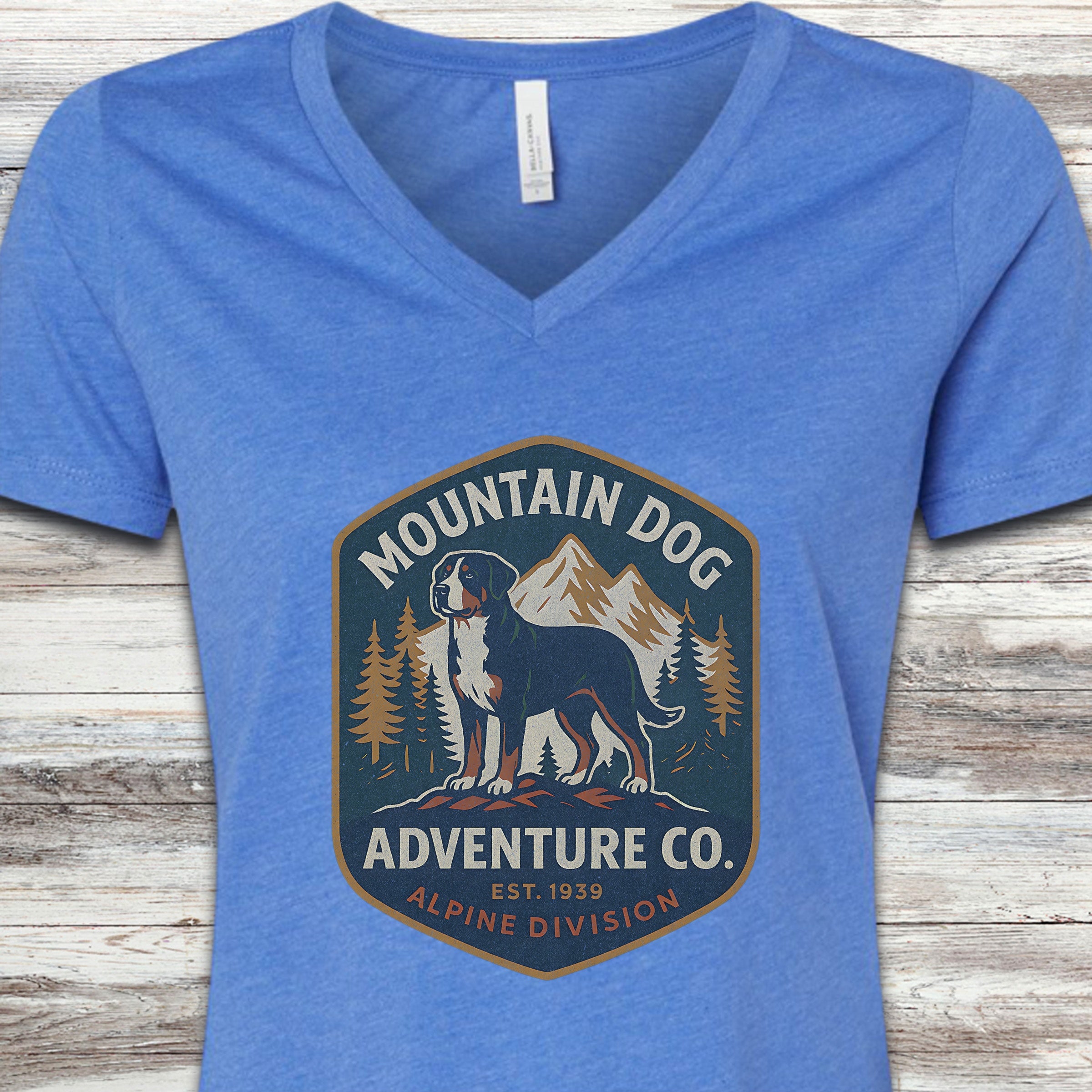 Swiss Mountain Dog Adventure Co V-Neck Tee - Heather True Royal