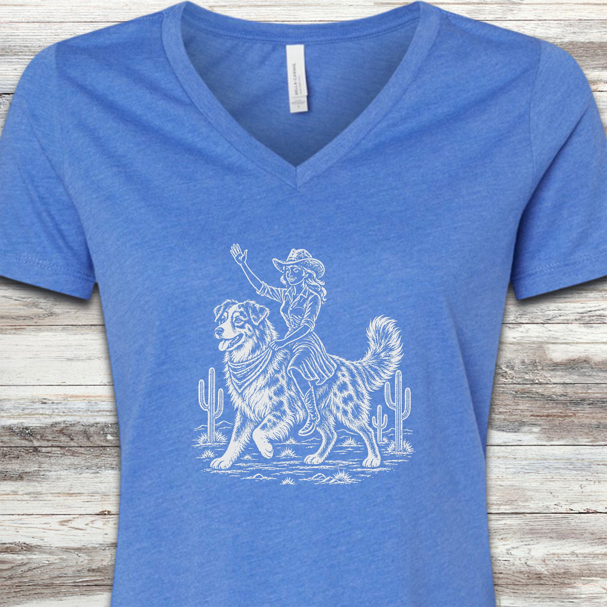 Australian Shepherd Cowgirl V-Neck Tee - Heather True Royal