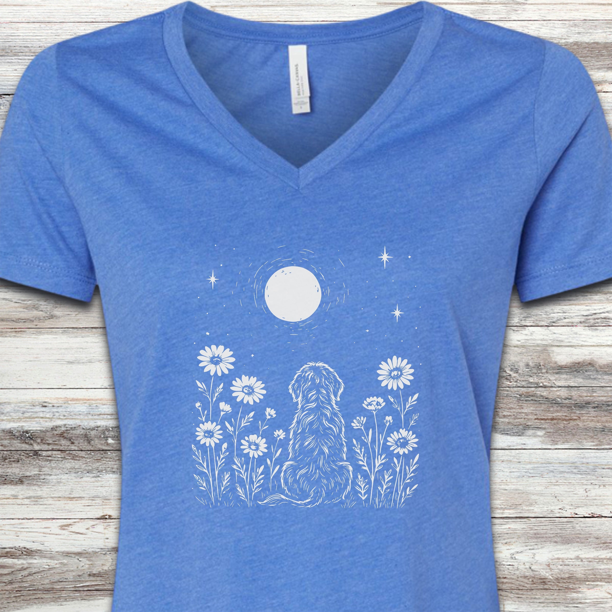Doodle Moonlight & Wildflowers V-Neck Tee - Heather True Royal