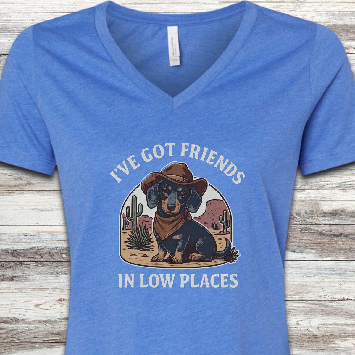 Dachshund Cowboy Friends V-Neck Tee - Heather True Royal