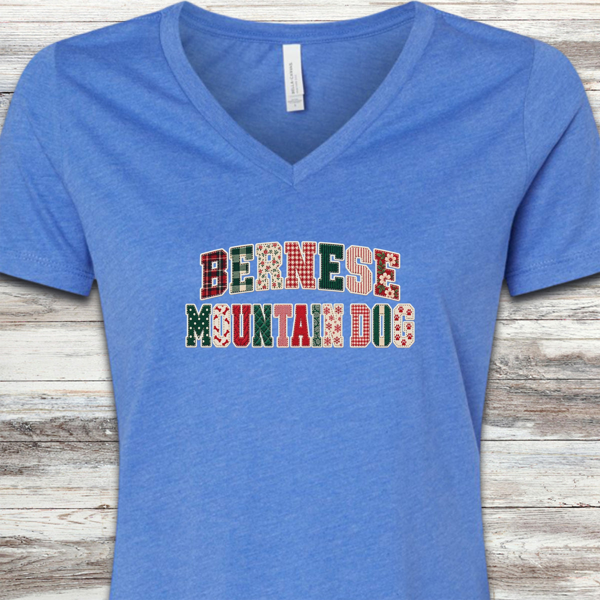 Bernese Mountain Dog Holiday Faux Patchwork V-Neck Tee - Heather True Royal