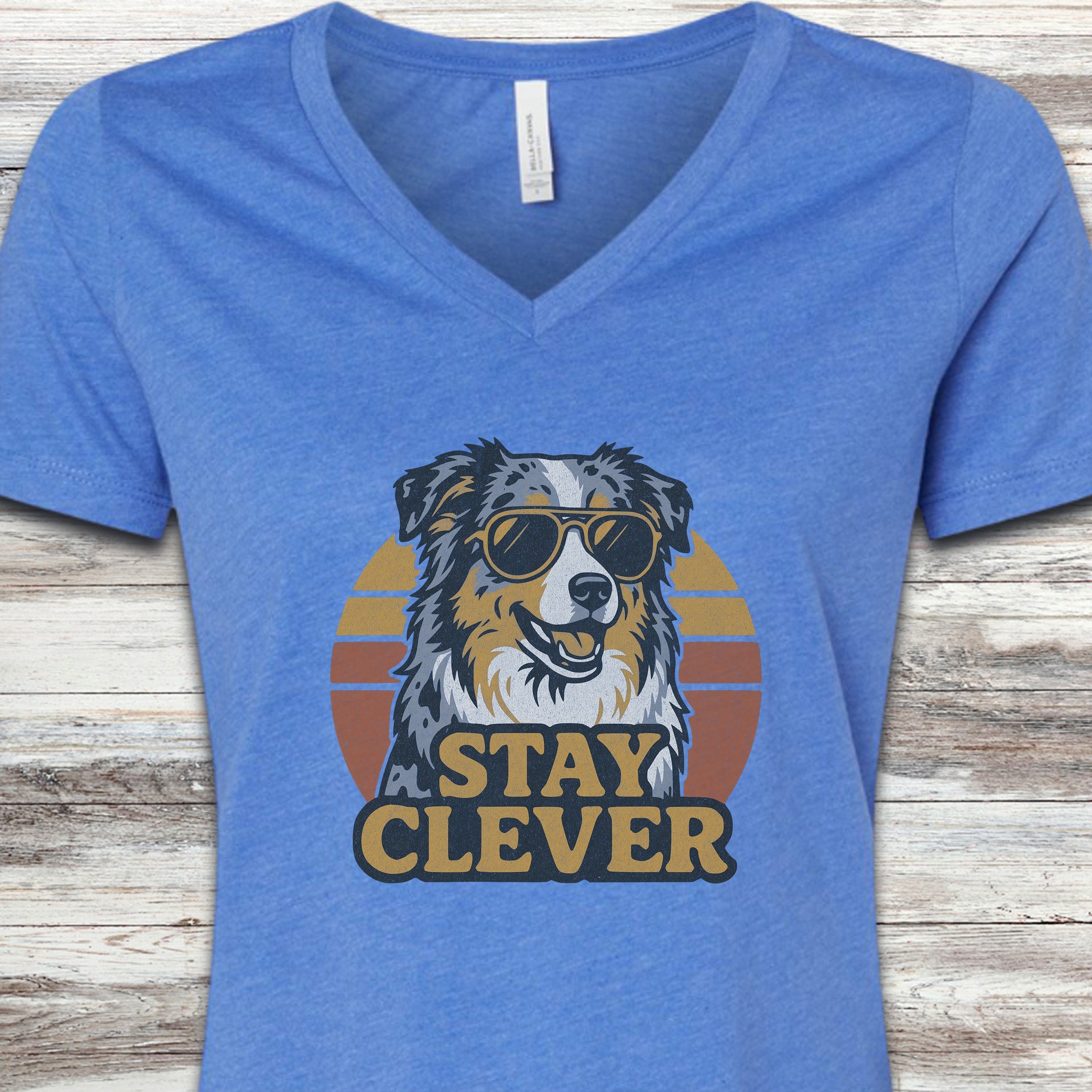 Australian Shepherd Stay Clever V-Neck Tee - Heather True Royal