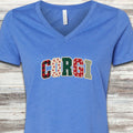 Corgi Holiday Faux Patchwork V-Neck Tee - Heather True Royal