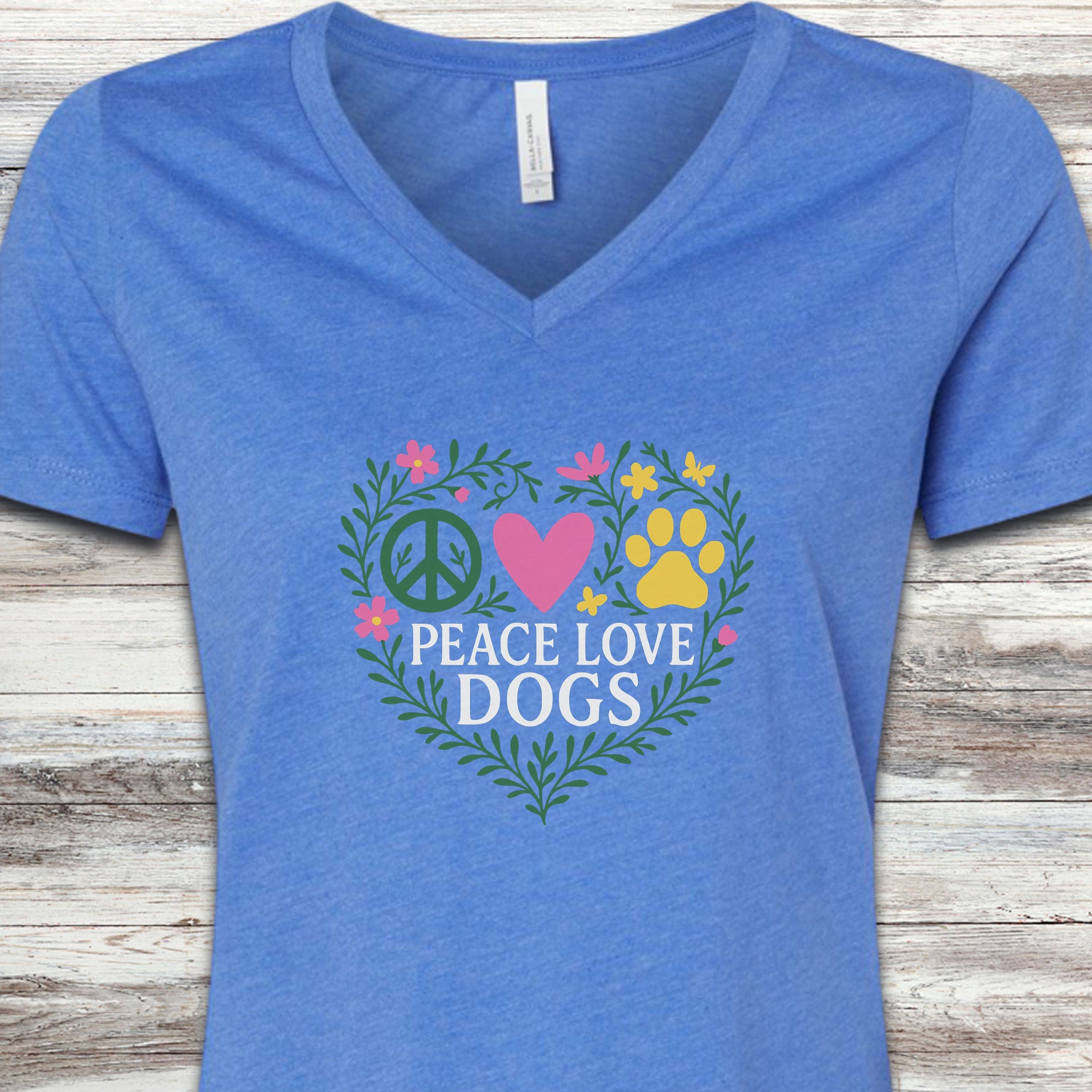 Peace Love Dogs Floral V-Neck Tee - Heather True Royal