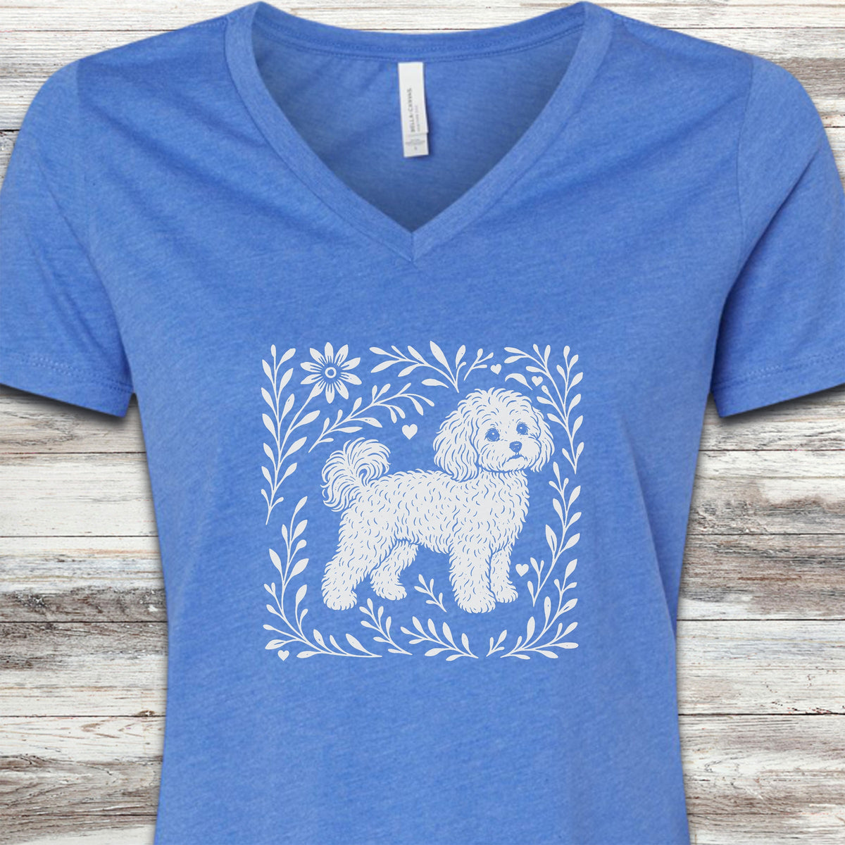 Maltipoo Linocut V-Neck Tee - Heather True Royal
