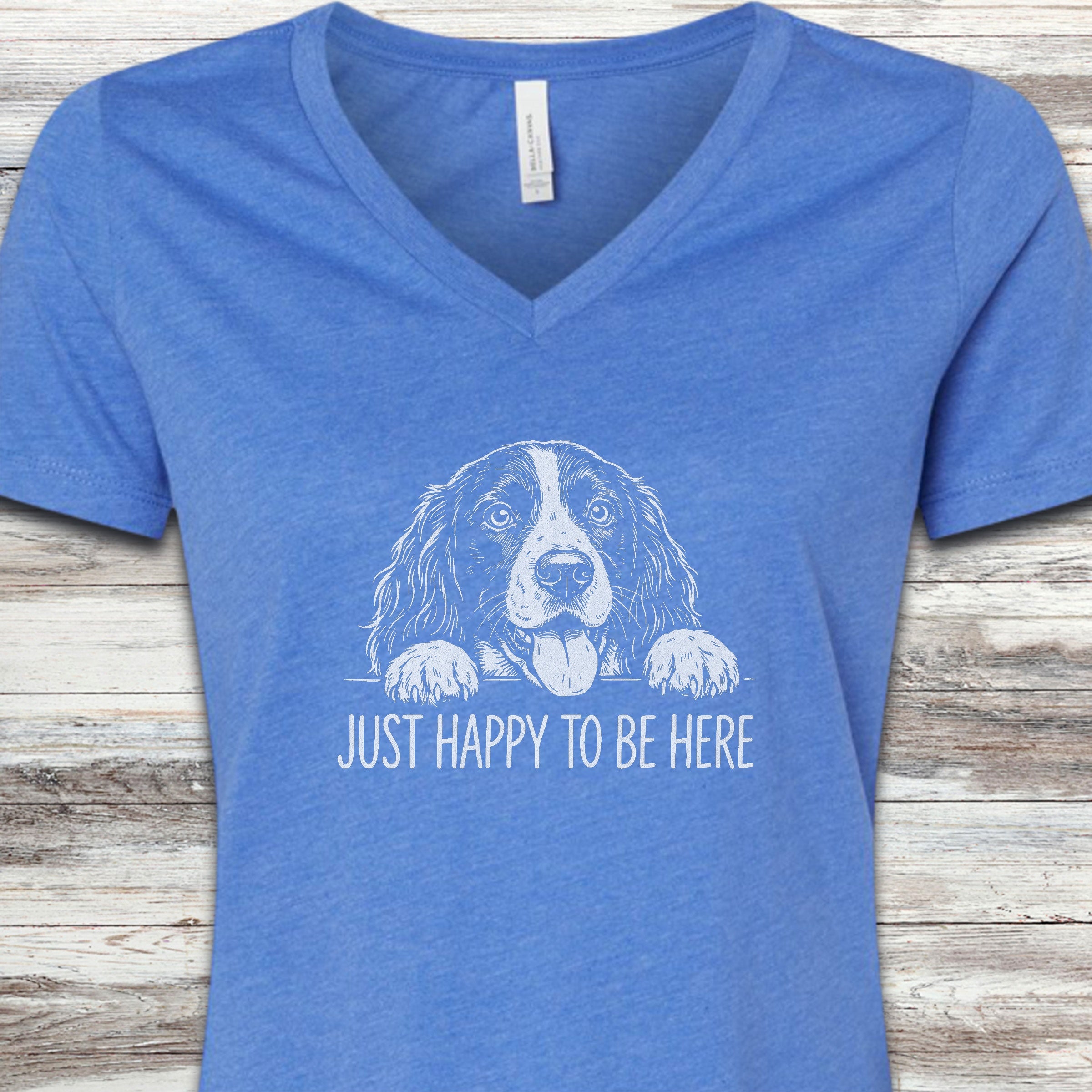 English Springer Spaniel Happy V-Neck Tee - Heather True Royal