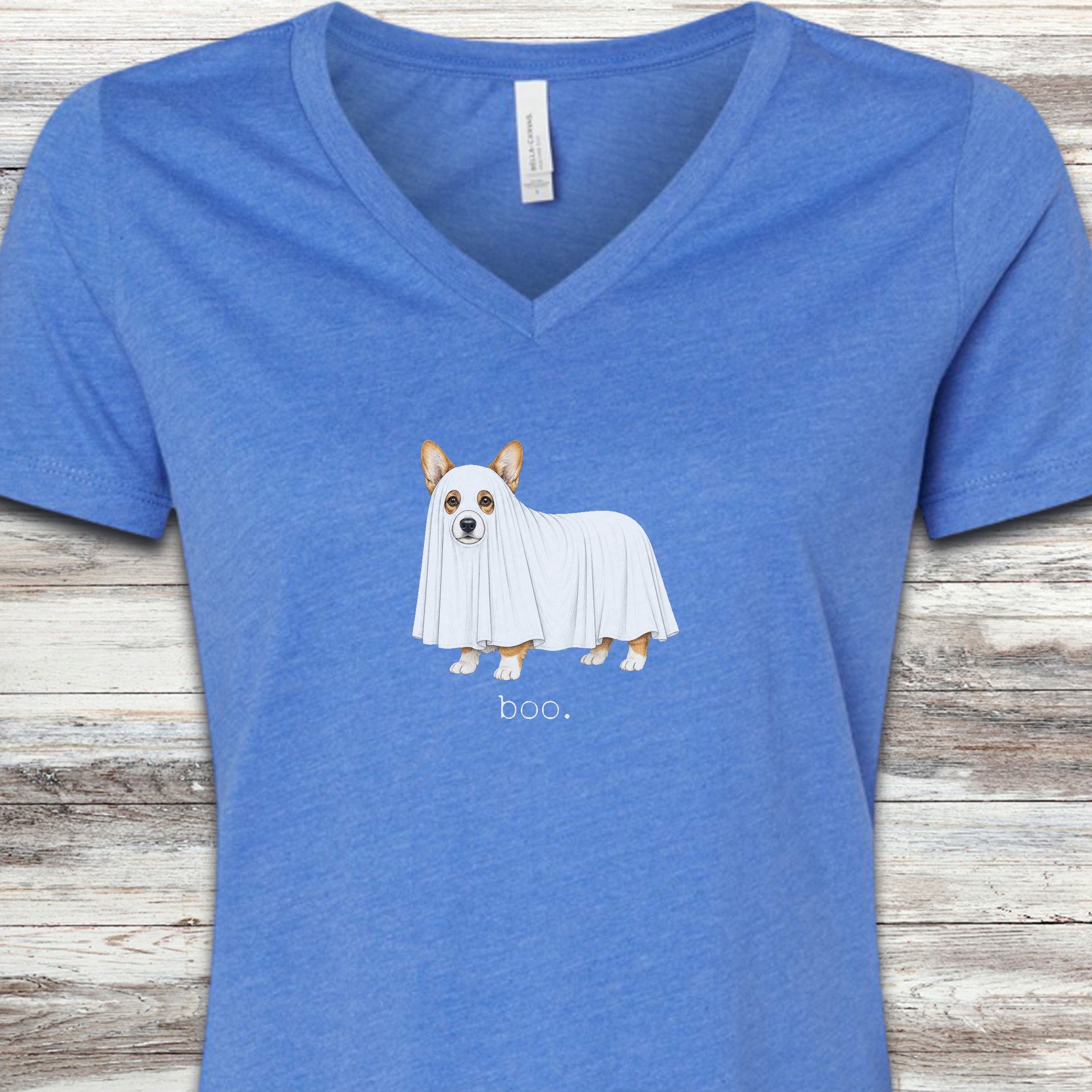 Corgi Boo V-Neck Tee - Heather True Royal