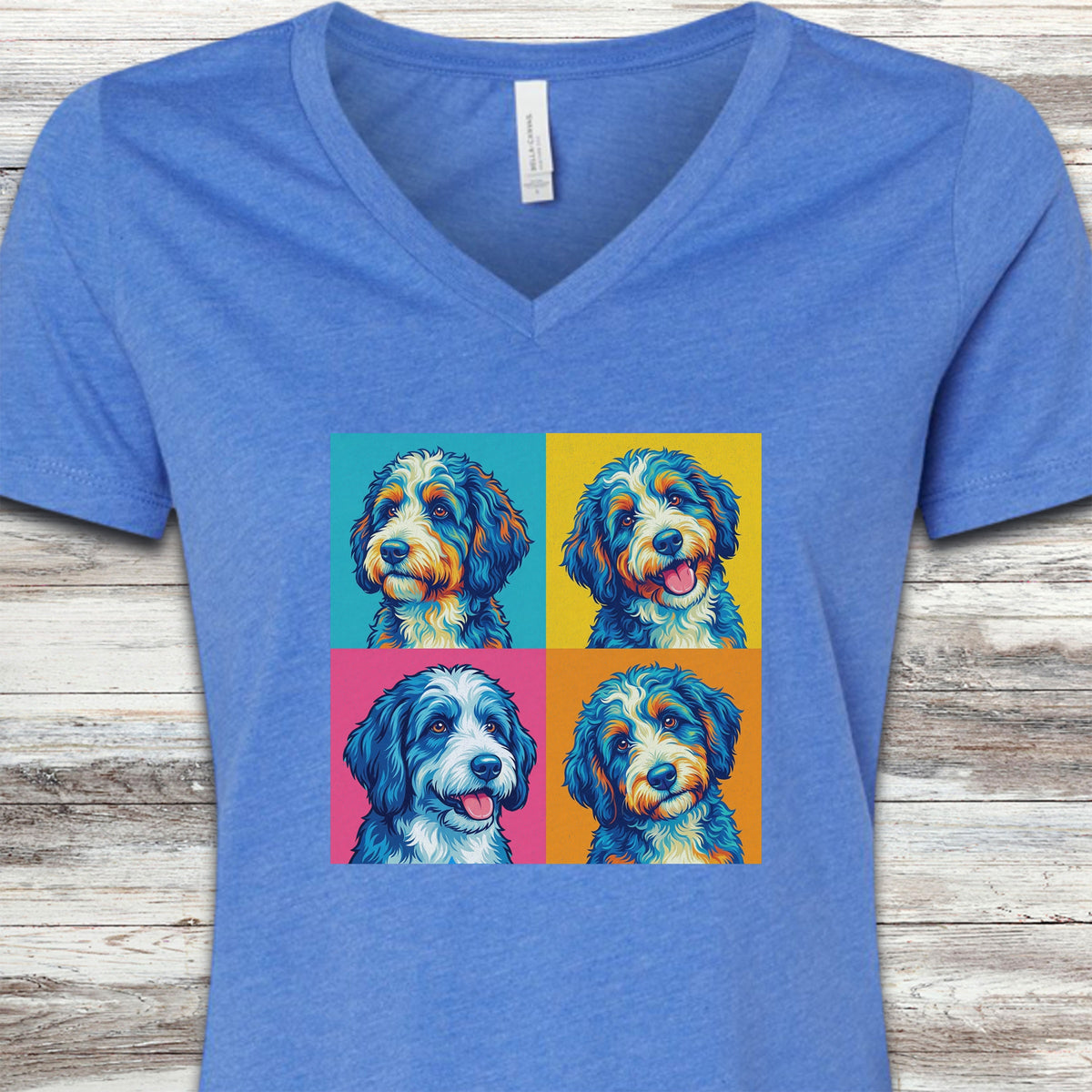 Bernedoodle Pop Art V-Neck Tee - Heather True Royal
