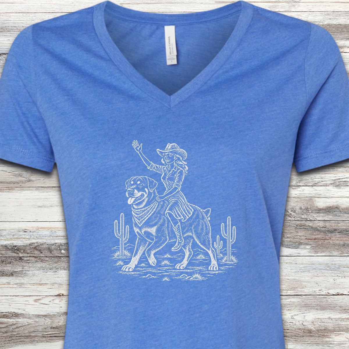 Rottweiler Cowgirl V-Neck Tee - Heather True Royal