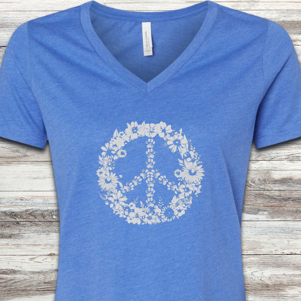 Vintage Floral Peace V-Neck Tee - Heather True Royal