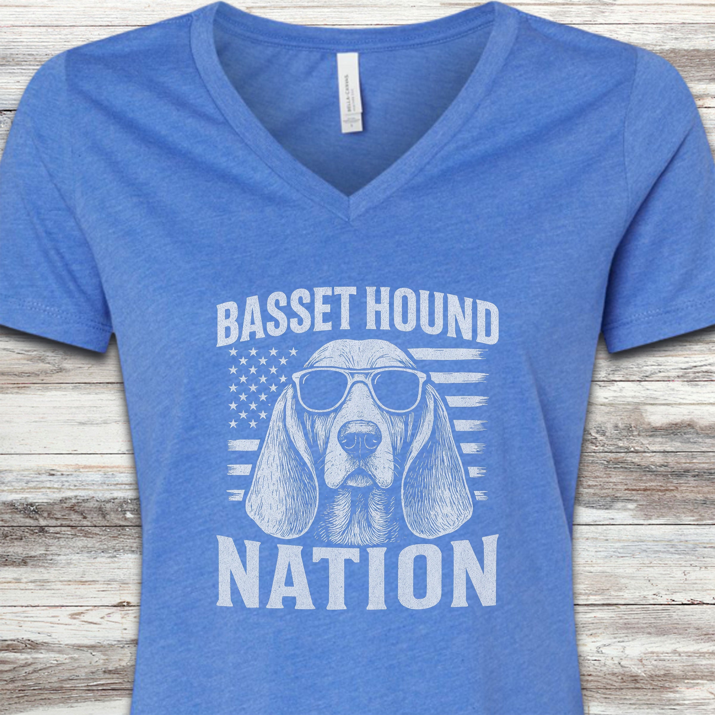 Basset Hound Nation V-Neck Tee - Heather True Royal