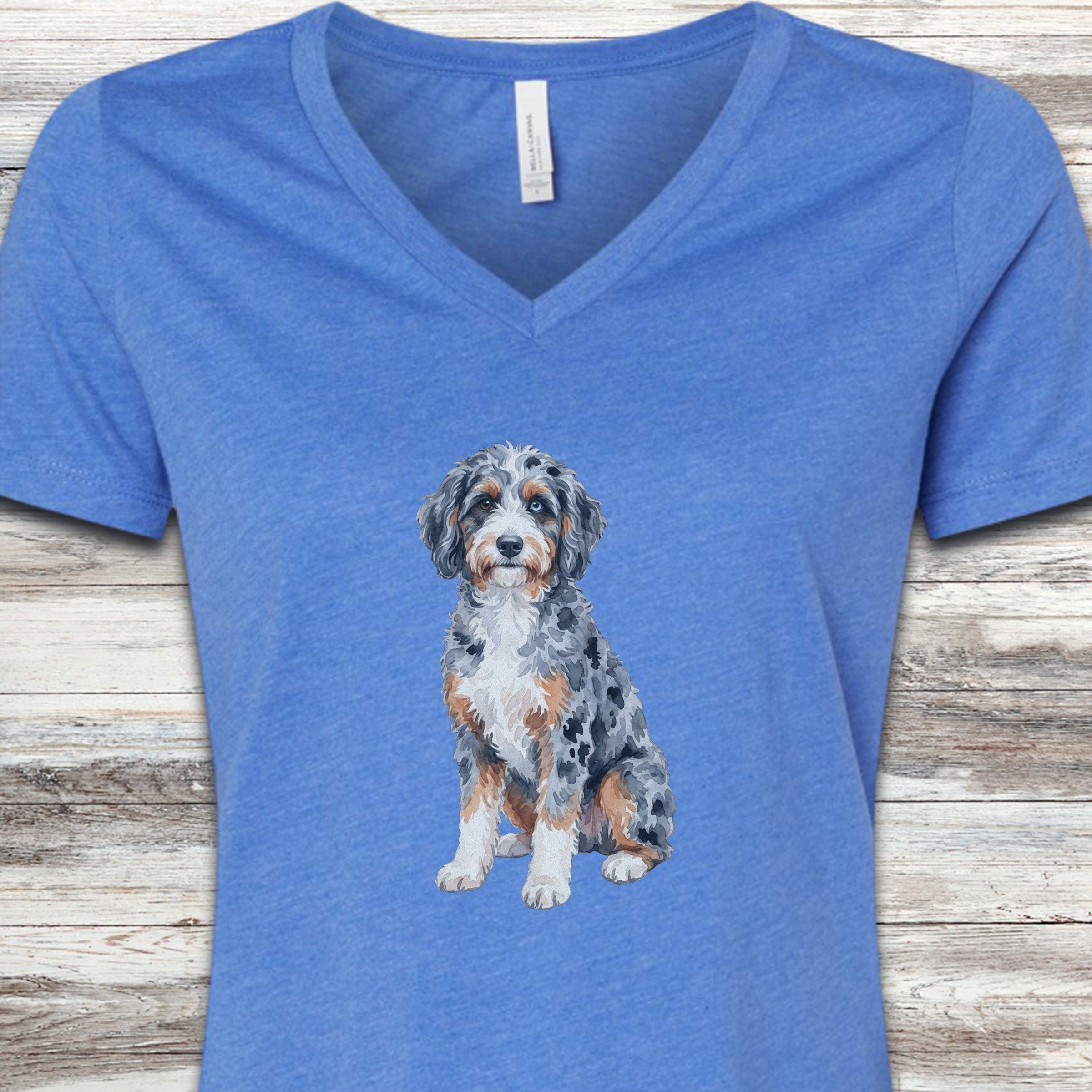 Aussiedoodle Watercolor V-Neck Tee - Heather True Royal