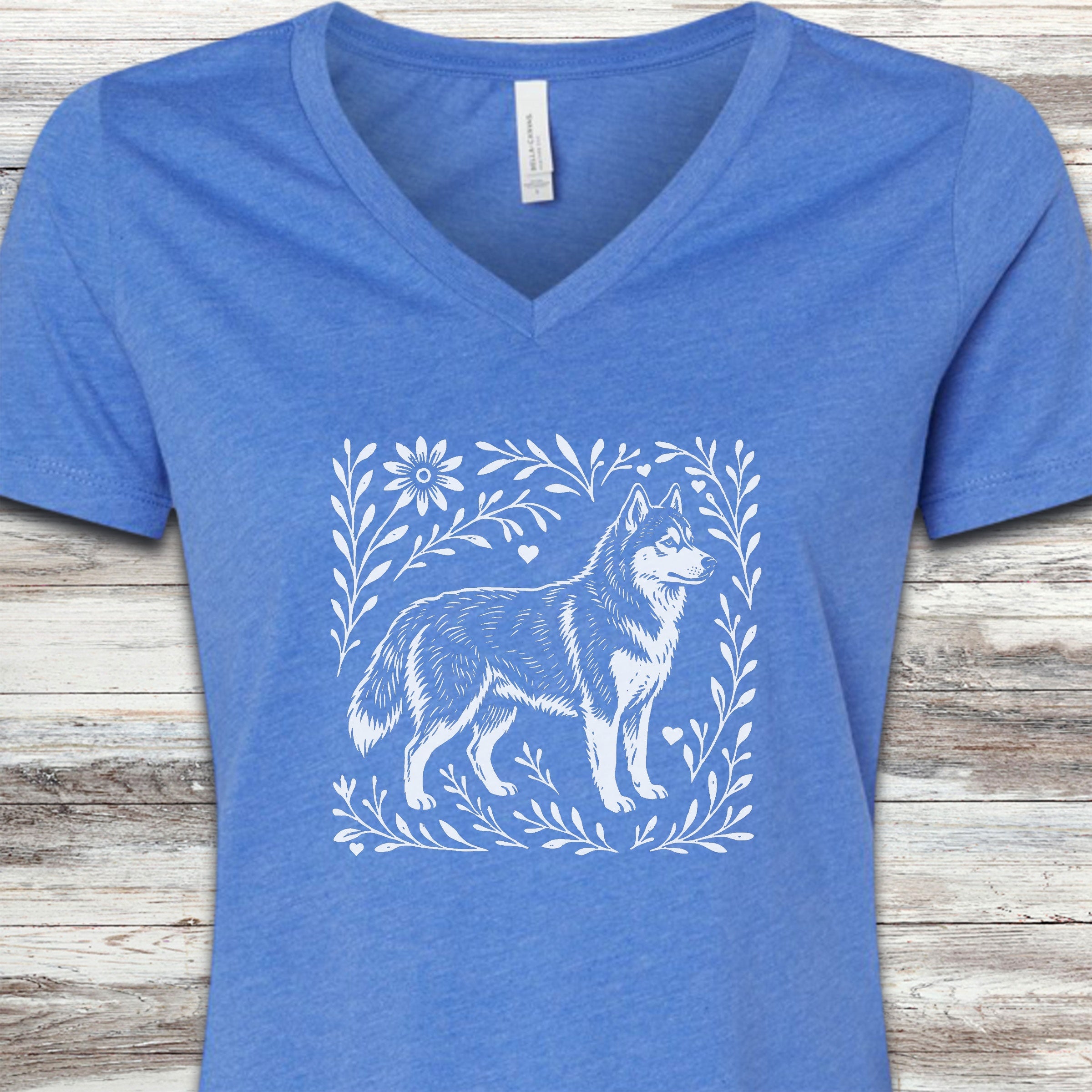 Husky Linocut V-Neck Tee - Heather True Royal
