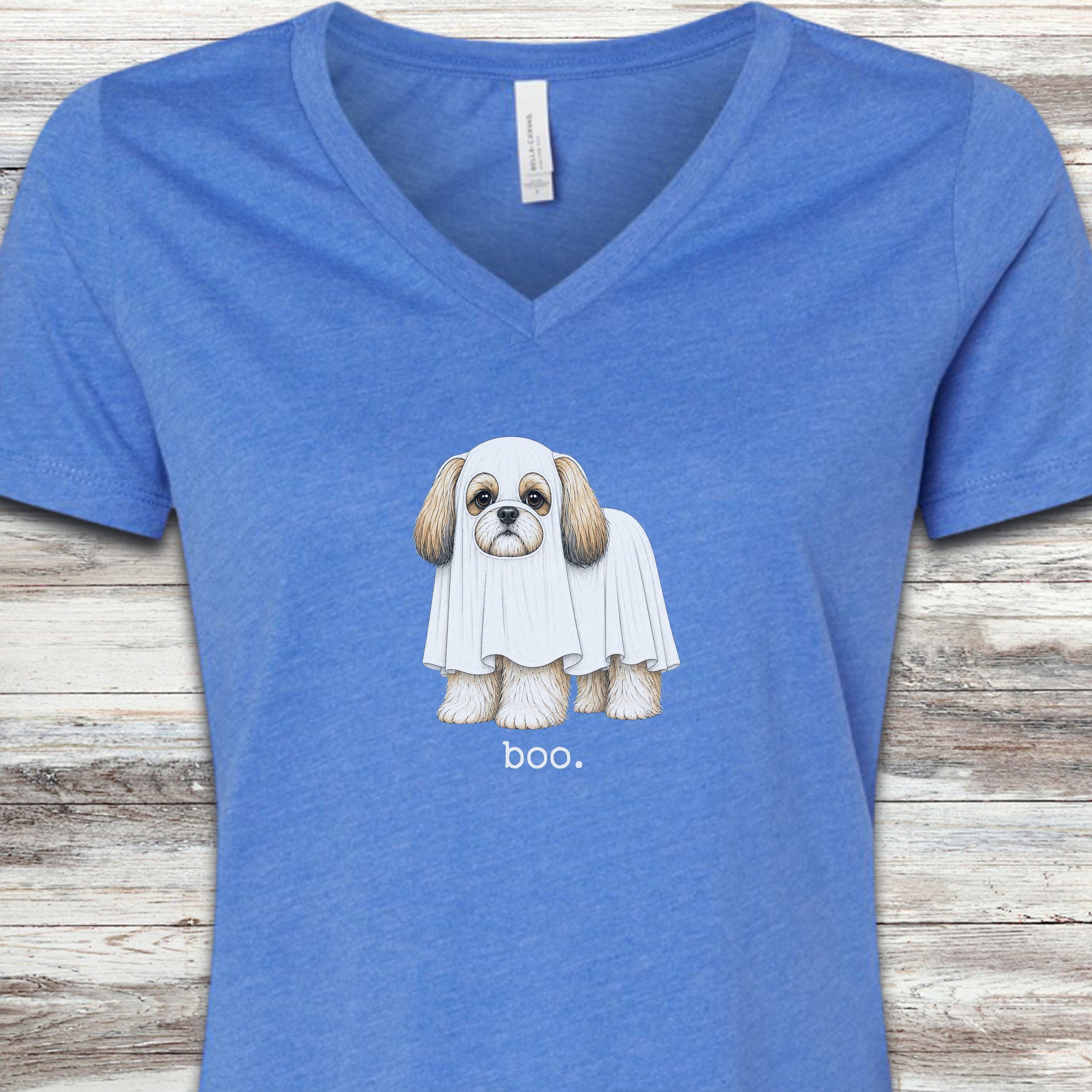 Shih Tzu Boo V-Neck Tee - Heather True Royal