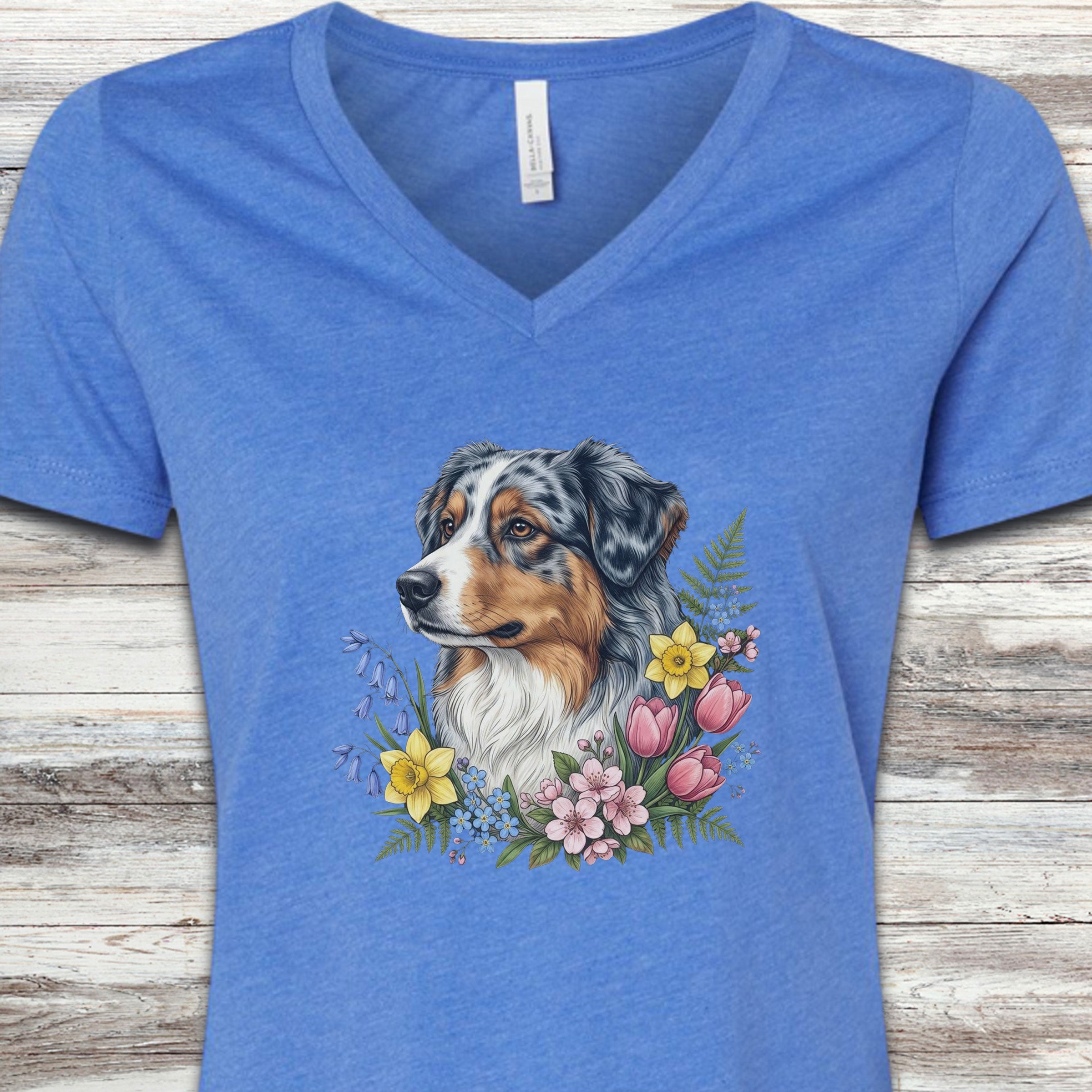 Australian Shepherd Spring Portrait V-Neck Tee - Heather True Royal