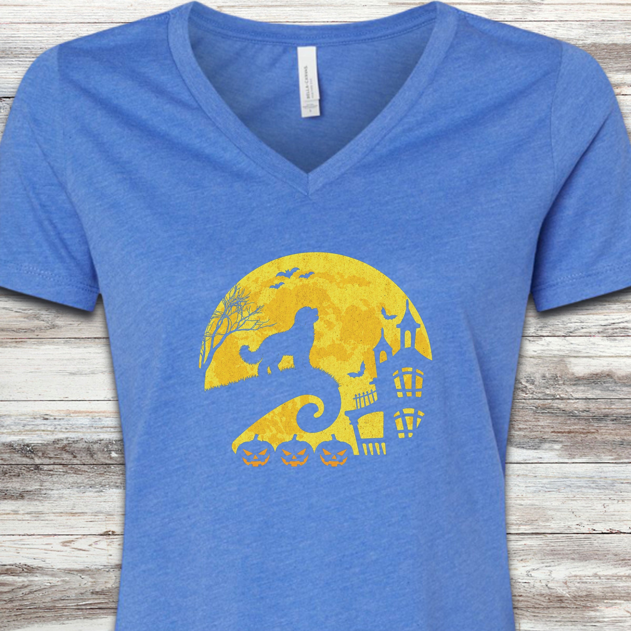 Bernedoodle Halloween Moon V-Neck Tee - Heather True Royal