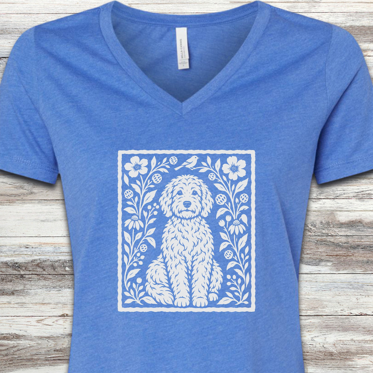Doodle Folk Art Floral V-Neck Tee - Heather True Royal
