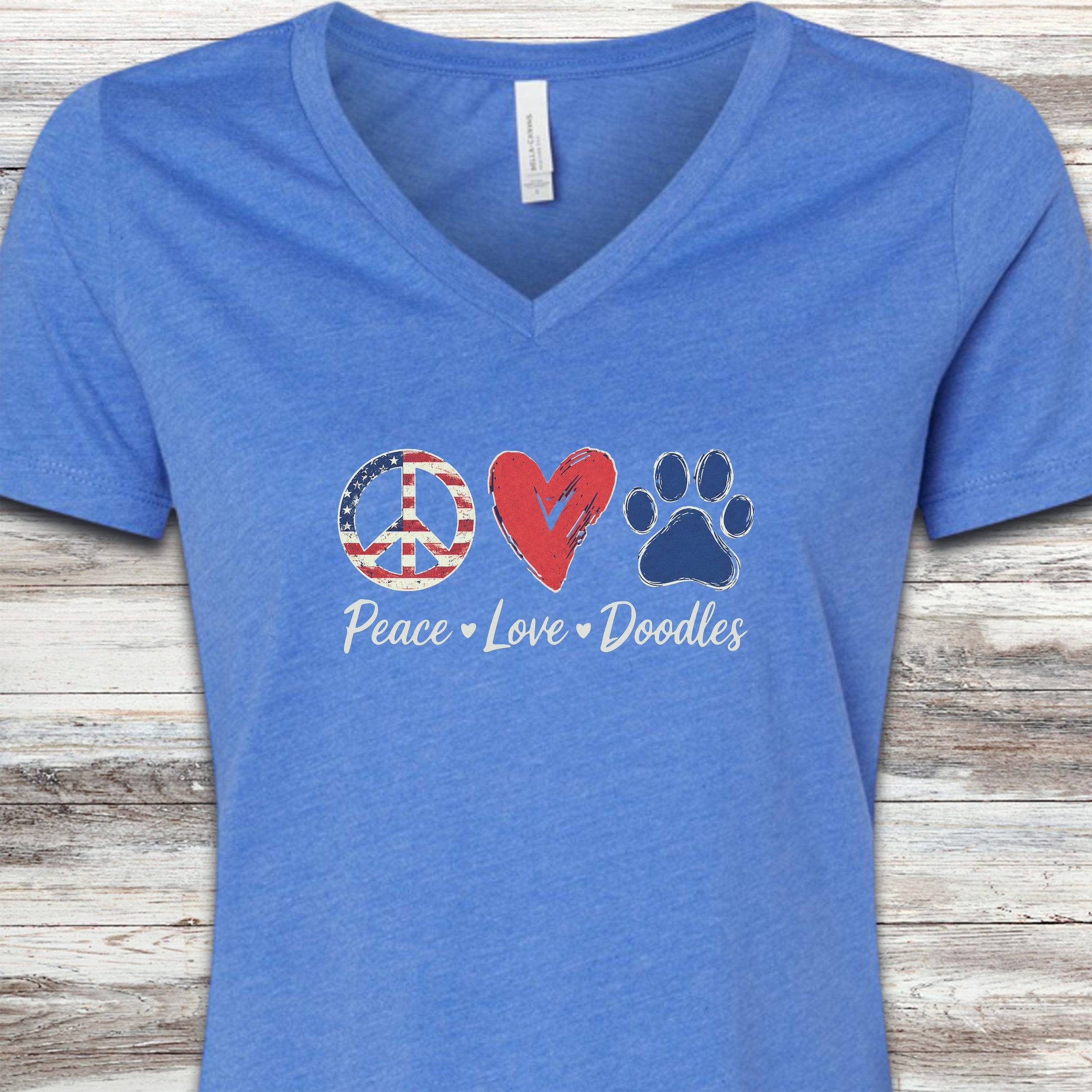 Peace Love Doodles USA V-Neck Tee - Heather True Royal