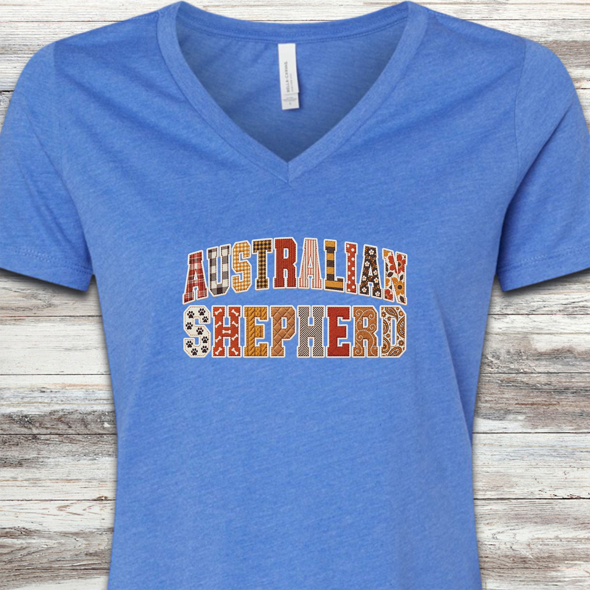 Australian Shepherd Fall Faux Patchwork V-Neck Tee - Heather True Royal