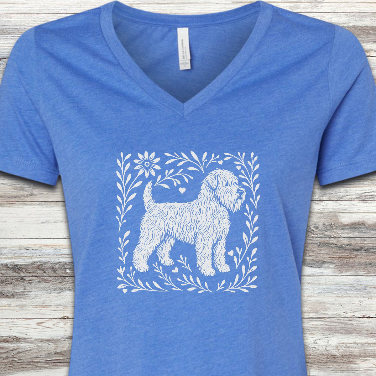 Wheaten Terrier Linocut V-Neck Tee - Heather True Royal