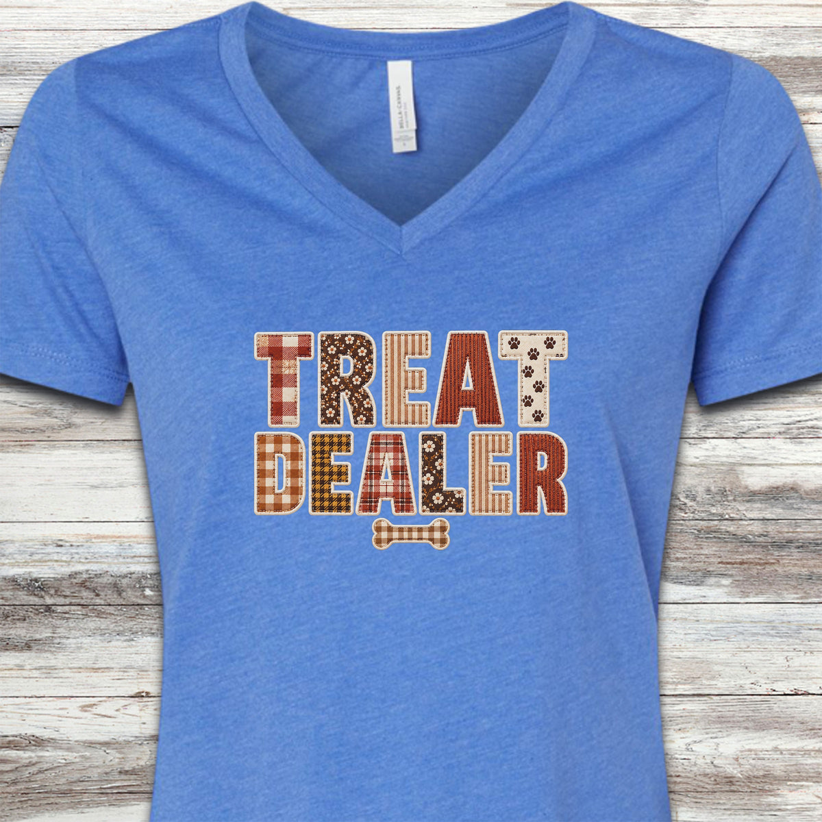Treat Dealer Fall Faux Patchwork V-Neck Tee - Heather True Royal