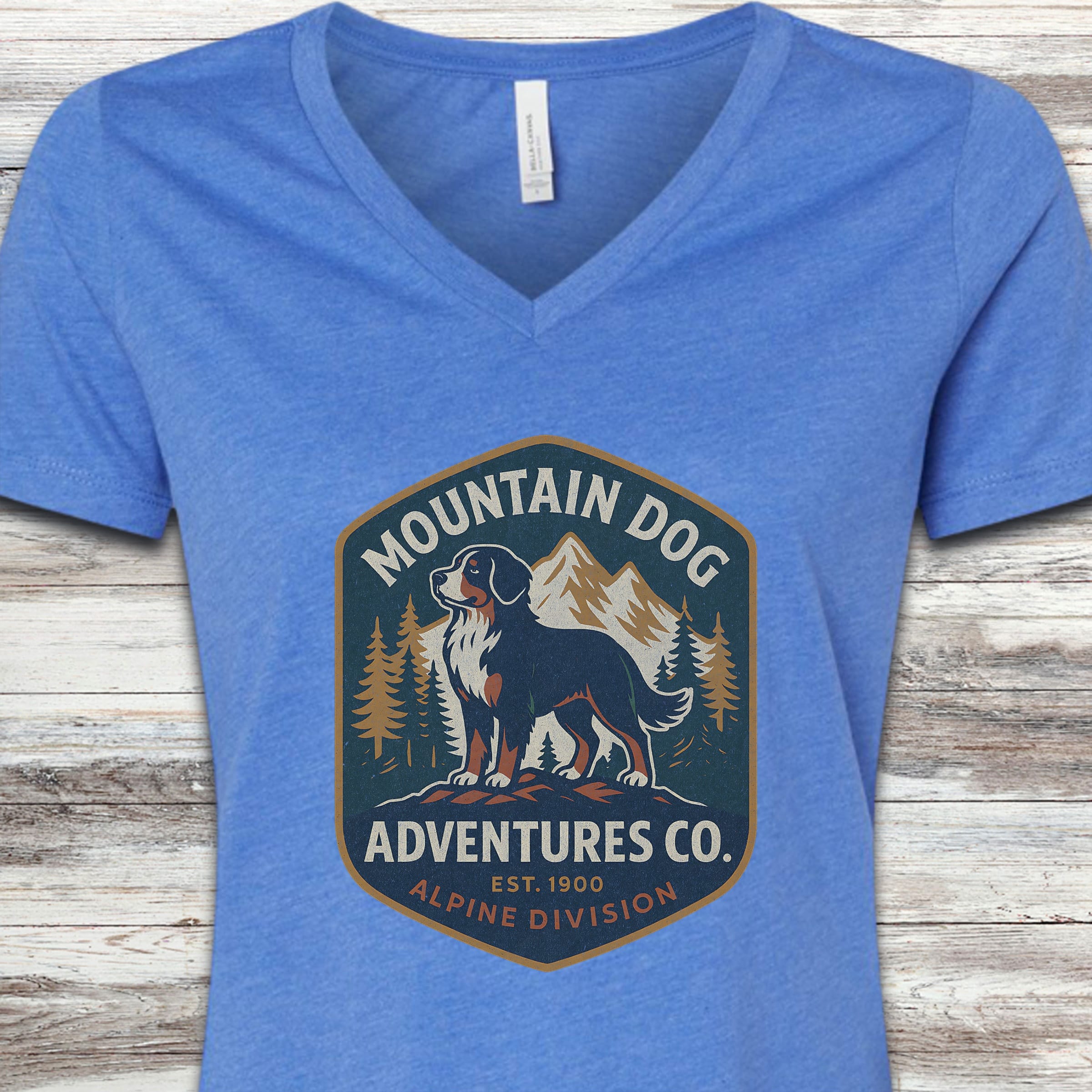 Bernese Mountain Dog Adventures V-Neck Tee - Heather True Royal