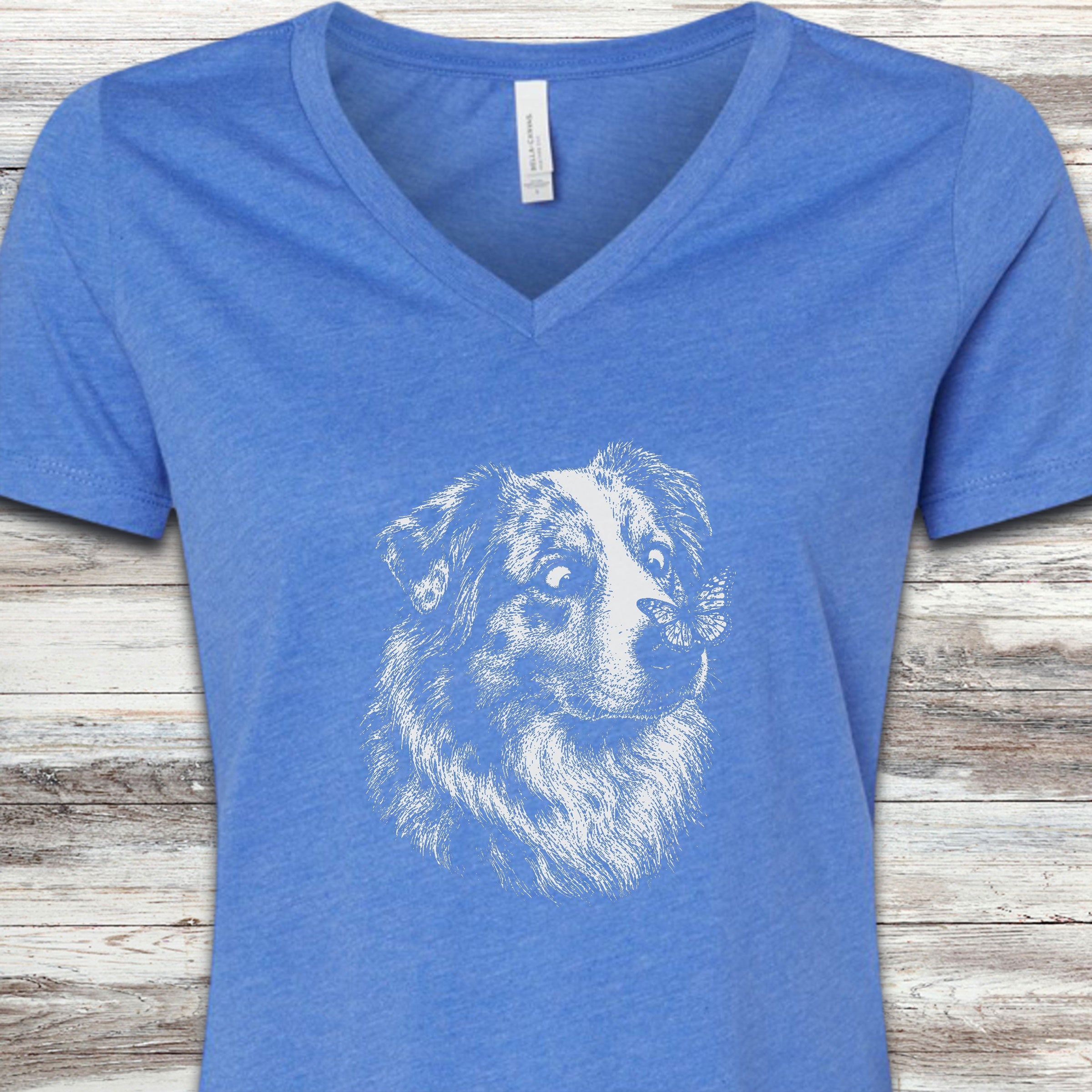 Australian Shepherd Butterfly V-Neck Tee - Heather True Royal