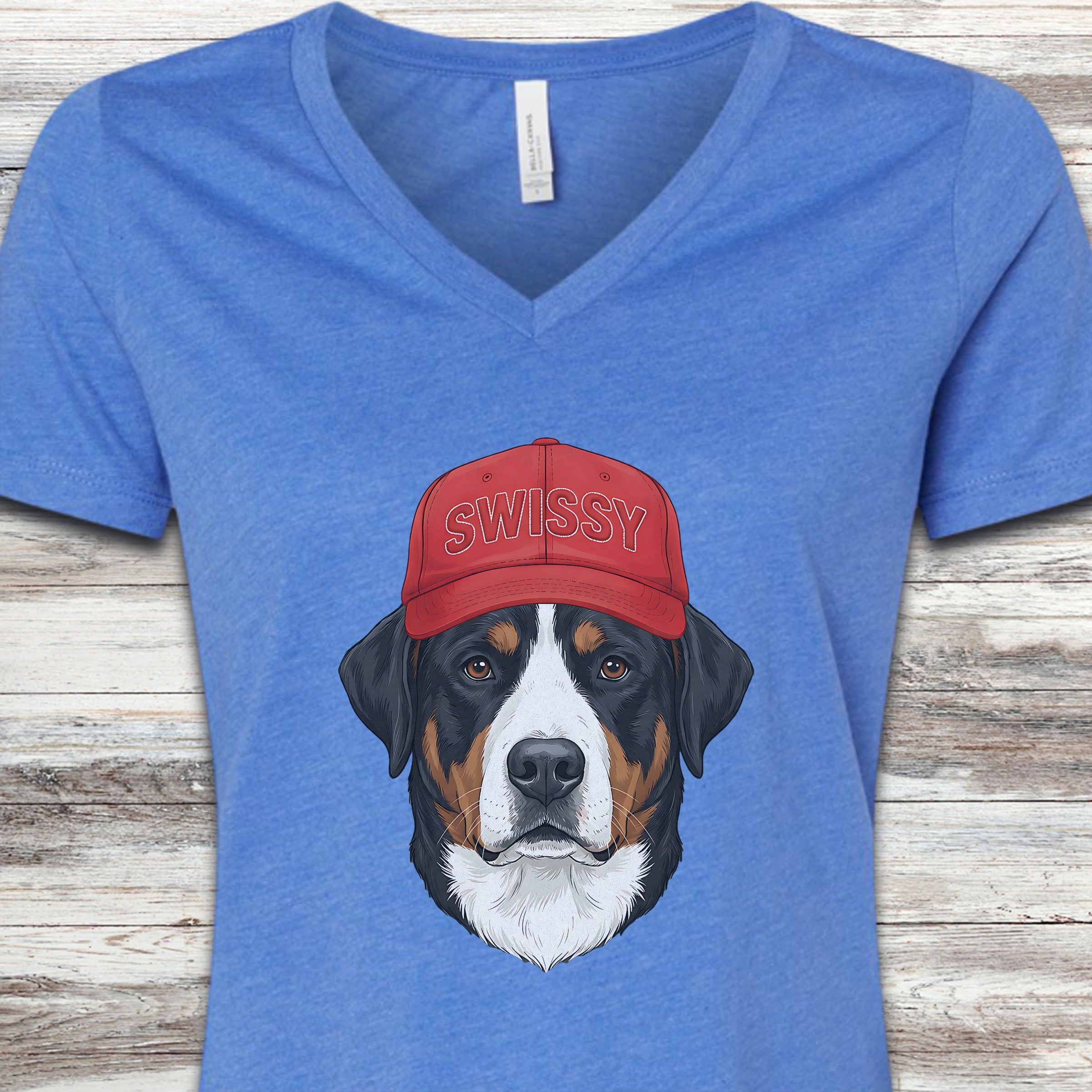 Swiss Mountain Dog Swissy Hat V-Neck Tee - Heather True Royal