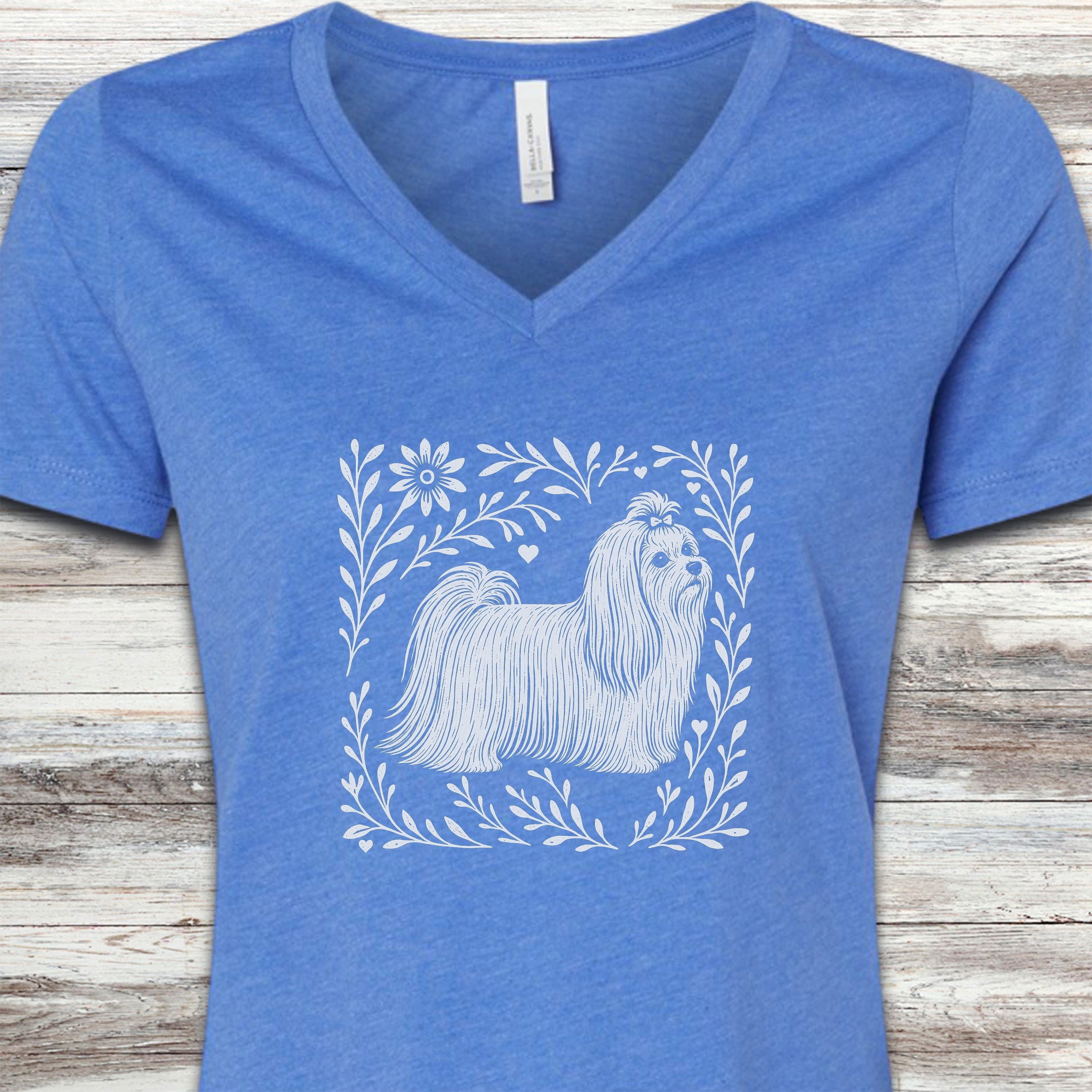 Maltese Linocut V-Neck Tee - Heather True Royal