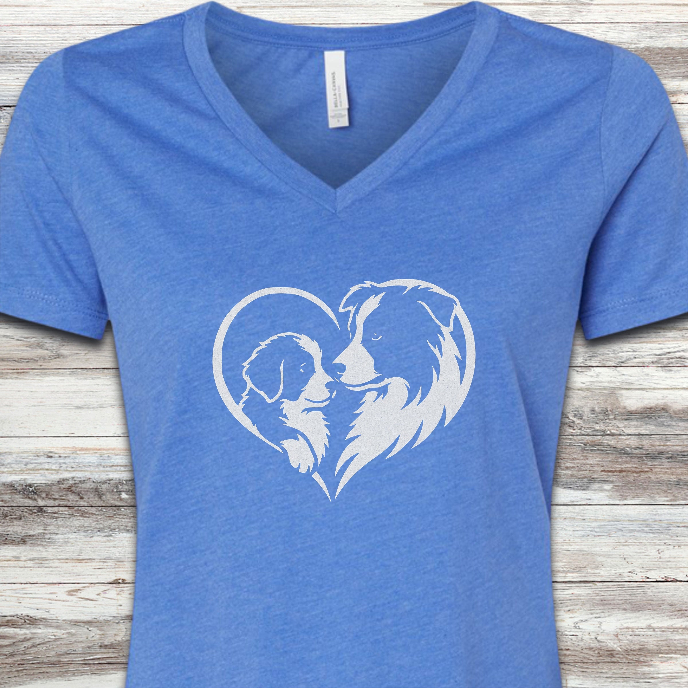 Border Collie Heart Bond V-Neck Tee - Heather True Royal