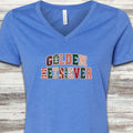 Golden Retriever Holiday Faux Patchwork V-Neck Tee - Heather True Royal