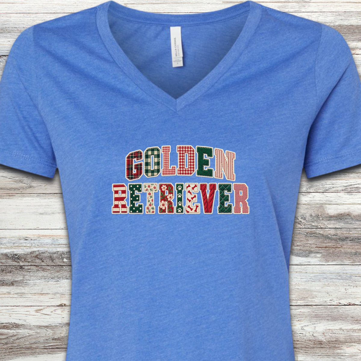 Golden Retriever Holiday Faux Patchwork V-Neck Tee - Heather True Royal