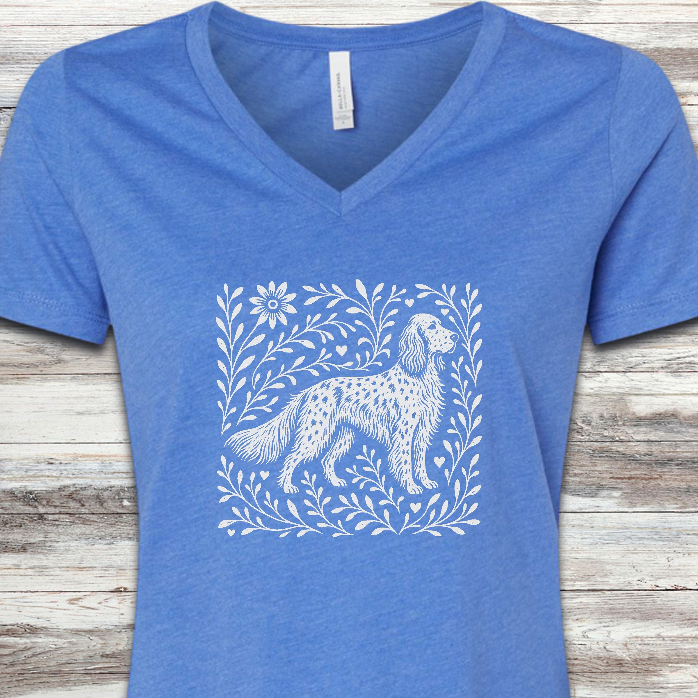English Setter Linocut V-Neck Tee - Heather True Royal