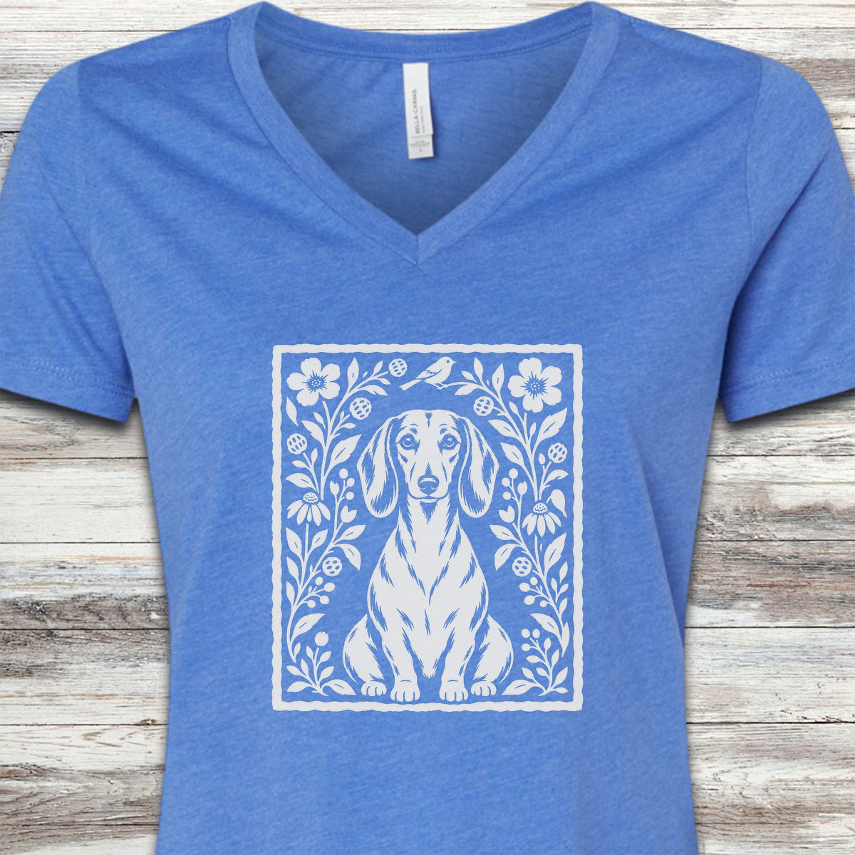Dachshund Folk Art Floral V-Neck Tee - Heather True Royal