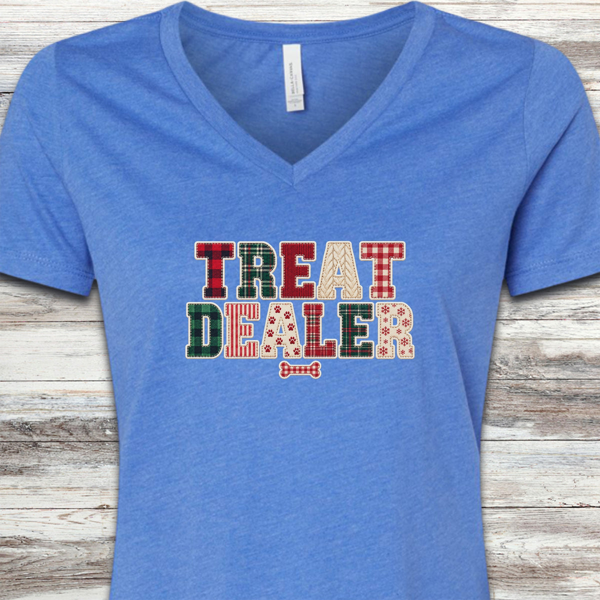 Treat Dealer Holiday Faux Patchwork V-Neck Tee - Heather True Royal