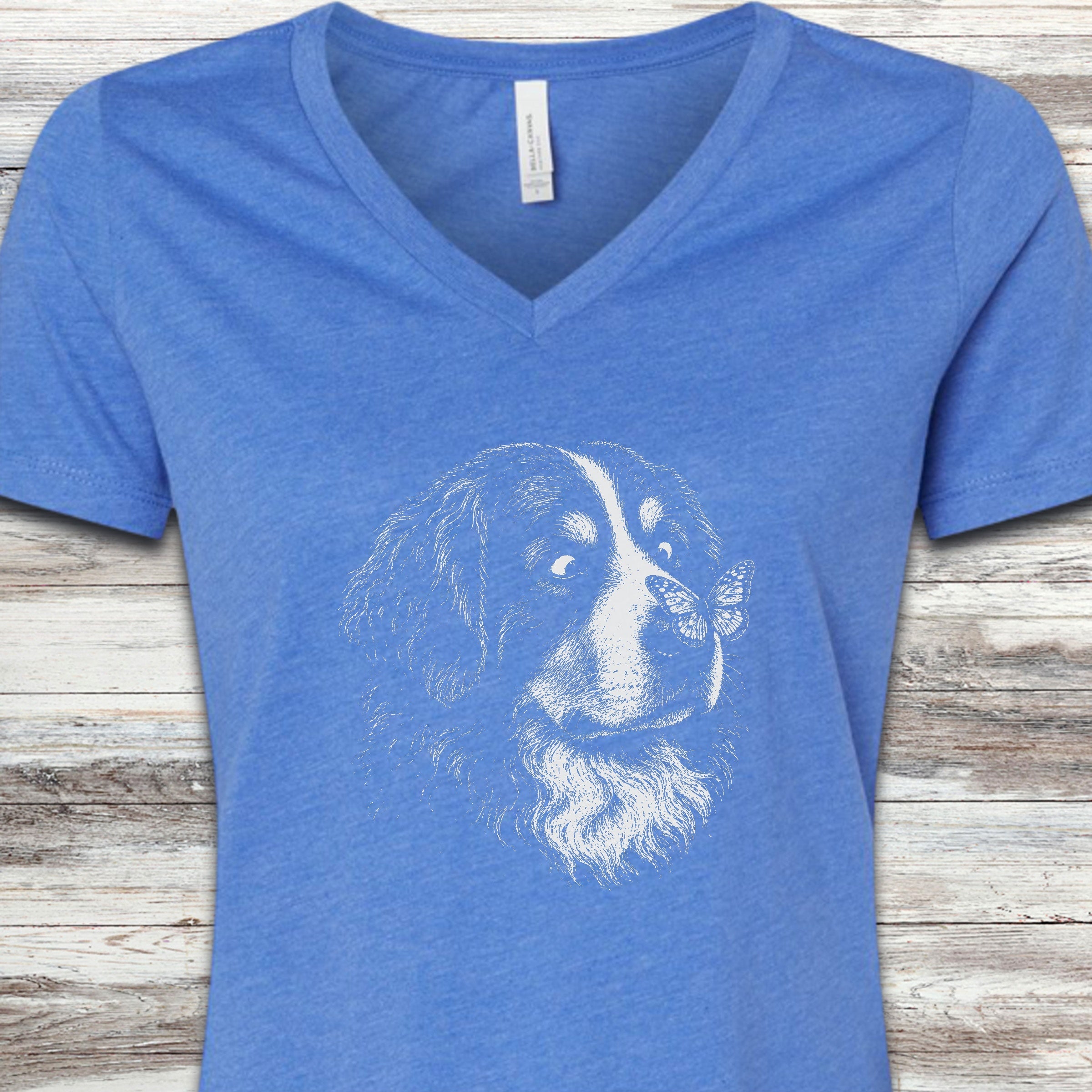 Bernese Mountain Dog Butterfly V-Neck Tee - Heather True Royal
